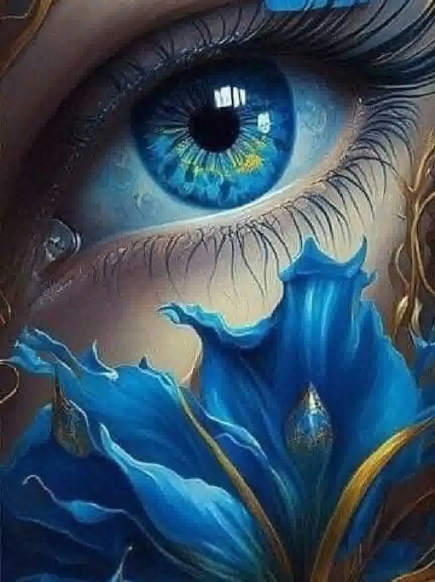 Русский промпт: Крупным планом фотографии синей радужной оболочки с слезой алмазом в центре, окруженной деликатными лепестками. Радужная оболочка является фокусной точкой изображения, с его темно -синим цветом, стоящим на приглушенных тонах фона. Лепестки детализированы глянцевой текстурой, а сама радужная оболочка - глубокий, яркий синий. Бриллиант блестяще блестят, добавляя прикосновение элегантности к изображению. Общий эффект - это одно из безмятежности и красоты, с чувством глубины и сложности. | Original prompt: A close-up photograph of a blue iris with a tear-shaped diamond in the center, surrounded by delicate petals. The iris is the focal point of the image, with its deep blue color standing out against the muted tones of the background. The petals are detailed with a glossy texture, and the iris itself is a deep, vibrant blue. The diamond sparkles brilliantly, adding a touch of elegance to the image. The overall effect is one of serenity and beauty, with a sense of depth and complexity.