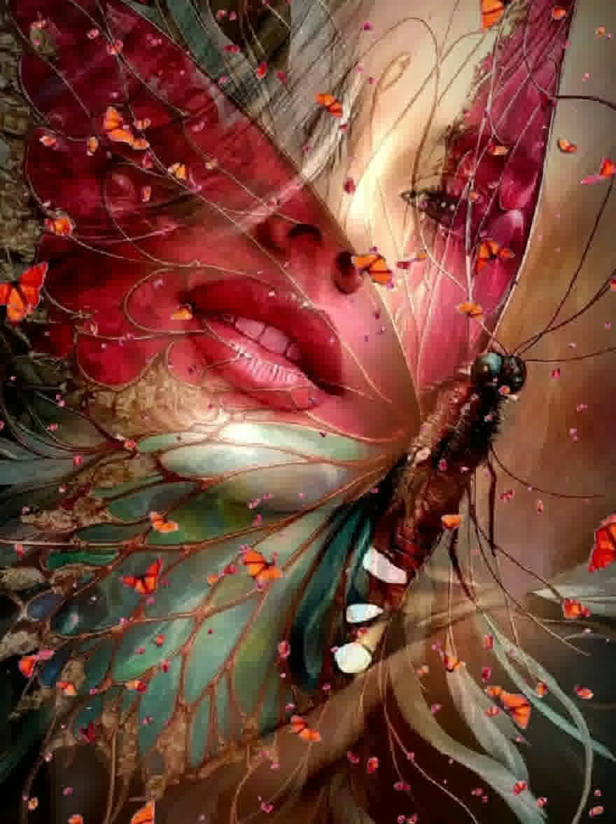 Русский промпт: Цифровая картина женщины с бледной кожей, светлыми волосами и красными губами, окруженная яркими оранжевыми бабочками и зелеными листьями. У женщины безмятежное выражение, с закрытыми глазами, а губы слегка расстались. Фон размыт, с мягкой, мечтательной атмосферой. Цвета яркие, а детали являются сложными, создавая сюрреалистическое и эфирное качество. Изображение имеет мечтательное, сюрреалистическое чувство с акцентом на нежные черты женщины и сложную природу листьев и бабочек. | Original prompt: A digital painting of a woman with pale skin, blonde hair, and red lips, surrounded by vibrant orange butterflies and green leaves. The woman has a serene expression, with her eyes closed and her lips slightly parted. The background is blurred, with a soft, dreamy atmosphere. The colors are vivid and the details are intricate, creating a surreal and ethereal quality. The image has a dreamy, surreal feel with a focus on the woman's delicate features and the intricate nature of the leaves and butterflies.