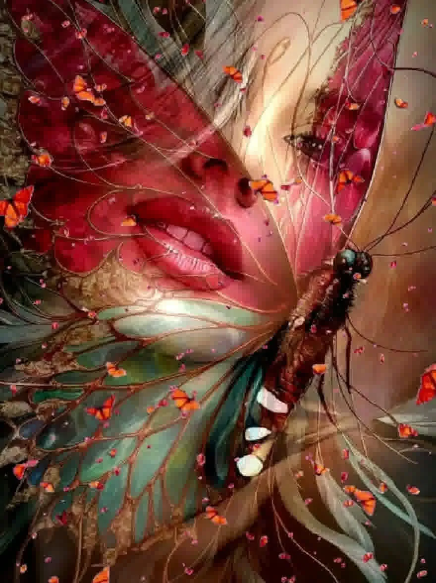 Русский промпт: Цифровая картина женщины с бледной кожей, светлыми волосами и красными губами, окруженная яркими оранжевыми бабочками и зелеными листьями. У женщины безмятежное выражение, с закрытыми глазами, а губы слегка расстались. Фон размыт, с мягкой, мечтательной атмосферой. Цвета яркие, а детали являются сложными, создавая сюрреалистическое и эфирное качество. Изображение имеет мечтательное, сюрреалистическое чувство с акцентом на нежные черты женщины и сложную природу листьев и бабочек. | Original prompt: A digital painting of a woman with pale skin, blonde hair, and red lips, surrounded by vibrant orange butterflies and green leaves. The woman has a serene expression, with her eyes closed and her lips slightly parted. The background is blurred, with a soft, dreamy atmosphere. The colors are vivid and the details are intricate, creating a surreal and ethereal quality. The image has a dreamy, surreal feel with a focus on the woman's delicate features and the intricate nature of the leaves and butterflies.