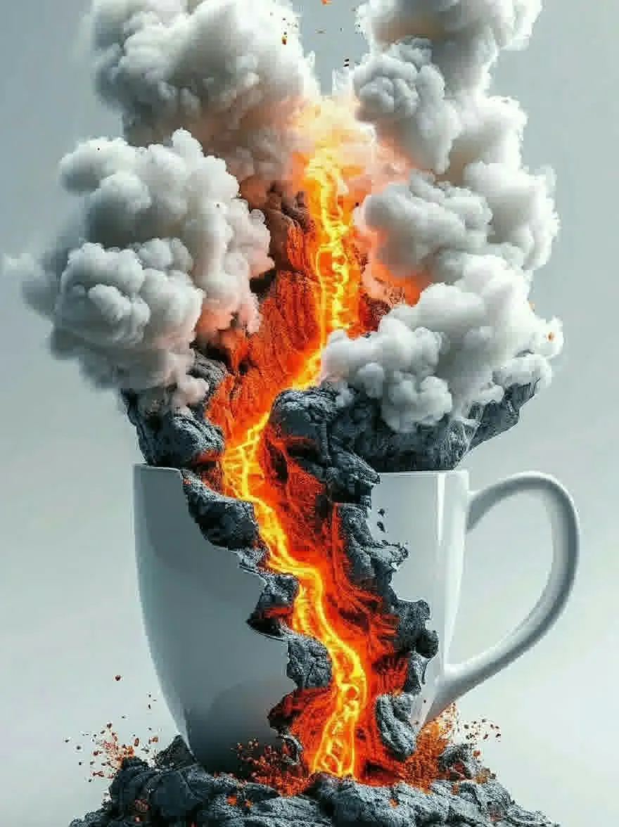 Русский промпт: Сюрреалистическая цифровая иллюстрация, изображающая хаотическую сцену разбитой белой кофейной чашки, которая была разбита на куски, с расплавленной лавой, вытекающей из нее, создавая динамический и хаотический эффект. Чашка находится в центре изображения, окруженной большим шлейфом белого, вздымающемся дыма и лавы. Лава - ярко -оранжевый и желтый, в отличие от темной вулканической скалы, окружающей чашку. Фон - твердый, светло -серый, обеспечивающий резкий контраст с яркими цветами лавы и дыма. Изображение имеет сюрреалистическое и сюрреалистическое чувство, с чувством хаоса и разрушения. | Original prompt: A surreal digital illustration depicting a chaotic scene of a broken white coffee cup that has been smashed into pieces, with molten lava flowing out of it, creating a dynamic and chaotic effect. The cup is in the center of the image, surrounded by a large plume of white, billowing smoke and lava. The lava is a bright orange and yellow, contrasting with the dark, volcanic rock surrounding the cup. The background is a solid, light grey, providing a stark contrast to the vivid colors of the lava and smoke. The image has a surreal and surreal feel to it, with a sense of chaos and destruction.
