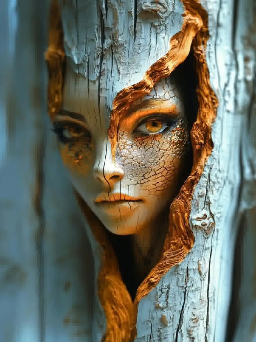 Русский промпт: Крупным планом фотографии лица женщины, выглядывающего из-за выветрившегося, потрескавшегося и текстурированного ствола деревьев. Ствол дерева имеет грубую, текстурированную поверхность с глубокими трещинами и трещинами, а женщина имеет поразительный, эфирный вид. Ее кожа представляет собой смесь коричневого и золотого, с оттенком апельсина, и у нее большие, выразительные глаза. Фон размыт, но, кажется, это наружная обстановка с синим, деревенским ощущением. Освещение мягкое и естественное, подчеркивая текстуру коры дерева. Общее настроение жуткое и загадочное. | Original prompt: A close-up photograph of a woman's face peeking out from behind a weathered, cracked, and textured tree trunk. The tree trunk has a rough, textured surface with deep cracks and cracks, and the woman has a striking, ethereal appearance. Her skin is a mix of brown and gold, with a hint of orange, and she has large, expressive eyes. The background is blurred, but it appears to be an outdoor setting with a blue, rustic feel. The lighting is soft and natural, highlighting the texture of the tree bark. The overall mood is eerie and mysterious.