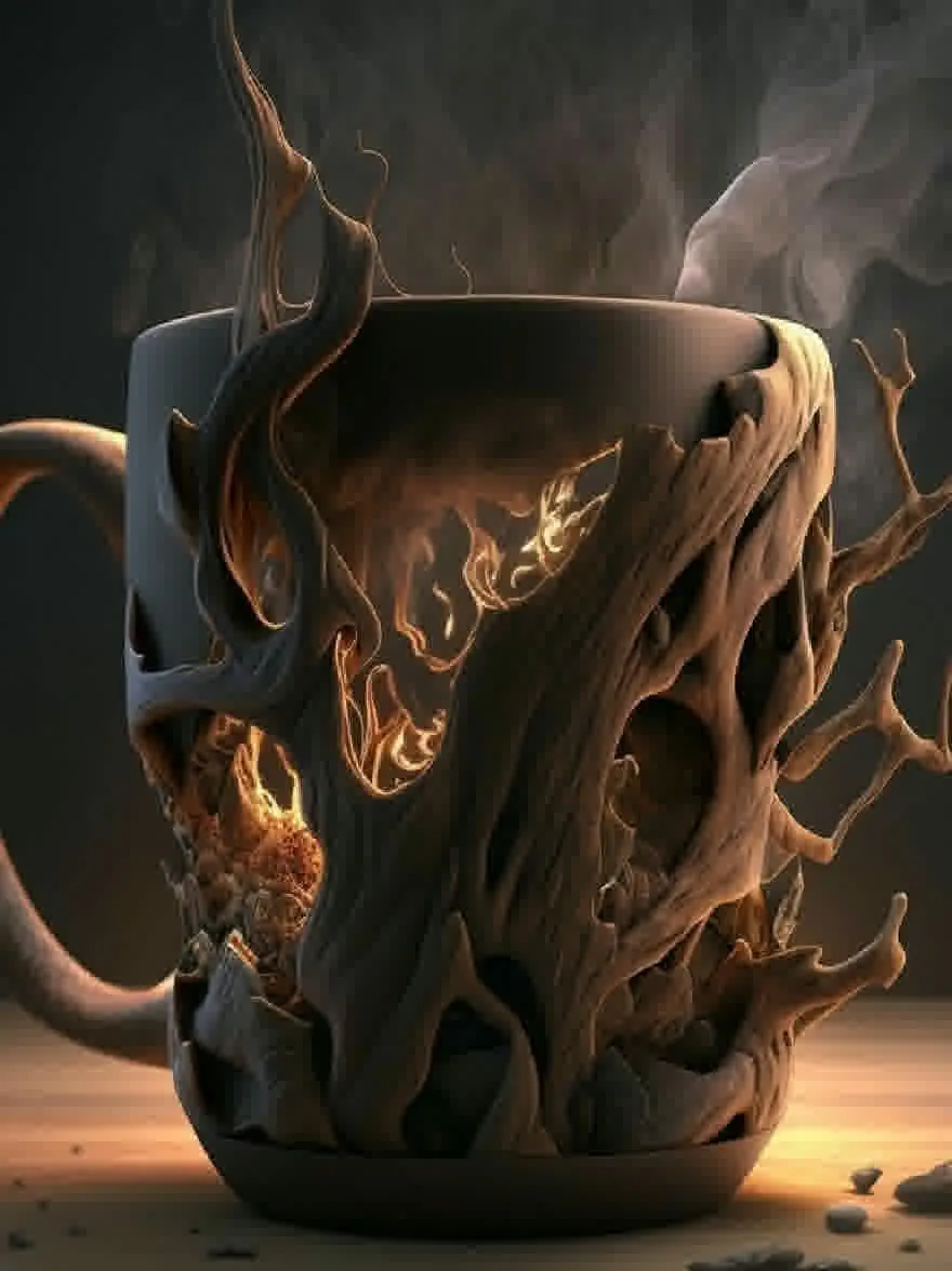 Русский промпт: Высоко детальная, реалистичная цифровая иллюстрация темной выдолбленной кружки с уникальной, извращенной, корячневой текстурой. Кружка помещается на деревянную поверхность с дымным, темным фоном. Интерьер кружки светится теплым оранжевым светом, и из верхнего правого угла поднимается небольшое количество дыма. Текстура дерева - грубая и текстурированная, с видимыми трещинами и расщелинами. Общее настроение жуткое и загадочное. Освещение мягкое и теплое, отбрасывая тени и блики на поверхности кружки. | Original prompt: A highly detailed, realistic digital illustration of a dark, hollowed-out mug with a unique, twisted, gnarled texture. The mug is placed on a wooden surface, with a smoky, dark background. The interior of the mug is glowing with a warm, orange glow, and there is a small amount of smoke rising from the top right corner. The texture of the wood is rough and textured, with visible cracks and crevices. The overall mood is eerie and mysterious. The lighting is soft and warm, casting shadows and highlights on the mug's surface.