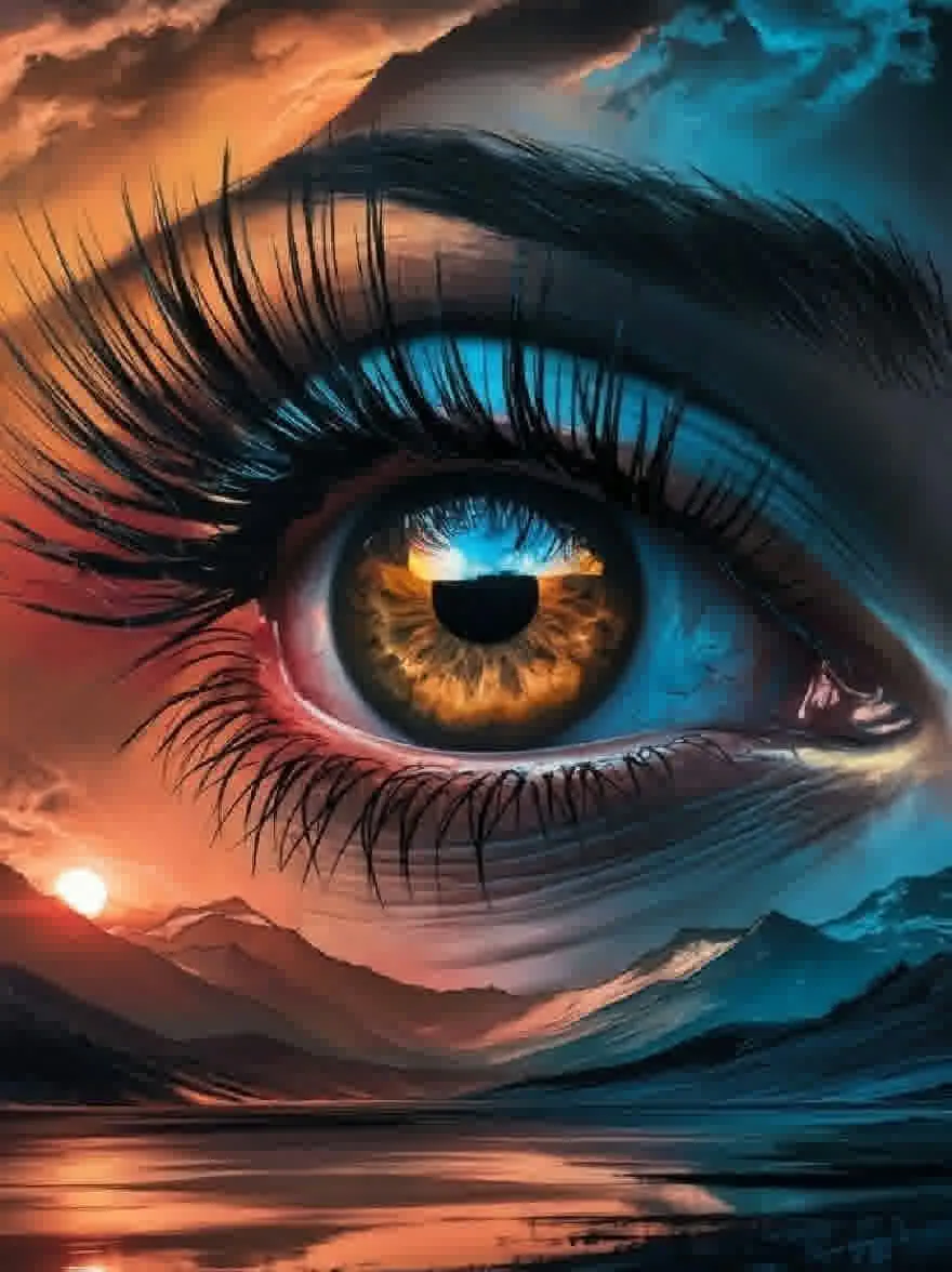 Русский промпт: Крупным планом человеческого глаза с драматическим освещением, изображающим красивый закат над горным пейзажем. Глаз является фокусом изображения, с его интенсивной синей и золотой радужной оболочкой, стоящей на ярких цветах неба. Небо заполнено облаками, а солнце садится за горизонтом, набрав теплое оранжевое сияние на горы. Вода отражает цвета, создавая завораживающий эффект. Изображение имеет мечтательное, эфирное качество, с акцентом на сложные детали глаза и окружающего ландшафта. | Original prompt: A close-up of a human eye with dramatic lighting, depicting a beautiful sunset over a mountainous landscape. The eye is the focal point of the image, with its intense blue and gold iris standing out against the vibrant colors of the sky. The sky is filled with clouds, and the sun is setting behind the horizon, casting a warm orange glow over the mountains. The water reflects the colors, creating a mesmerizing effect. The image has a dreamy, ethereal quality, with a focus on the intricate details of the eye and the surrounding landscape.
