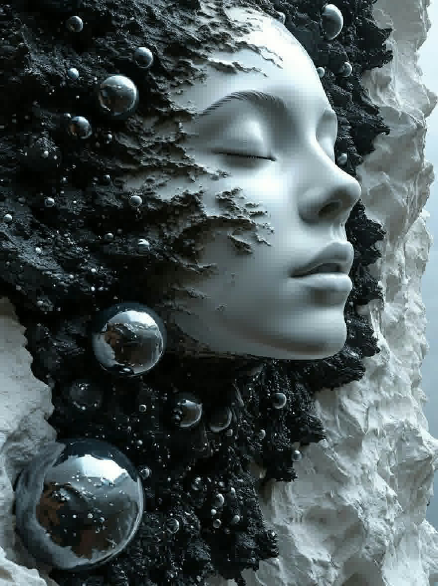 Русский промпт: Фотография лица женщины с безмятежным выражением, в окружении темных, текстурированных камней и пузырьков. Кожа женщины бледная, а ее глаза закрыты. Скалы грубые и неровные, с некоторыми областями более темнее, чем другие. Пузырьки имеют разные размеры и формы. Фон - резкий, светло -серый. Общее настроение сюрреалистично и сказочно. Освещение мягкое и распространенное, создавая ощущение глубины и размерности. | Original prompt: Photograph of a woman's face with a serene expression, surrounded by dark, textured rocks and bubbles. The woman's skin is pale, and her eyes are closed. The rocks are rough and uneven, with some areas appearing darker than others. The bubbles are of various sizes and shapes. The background is a stark, light grey. The overall mood is surreal and dreamlike. The lighting is soft and diffused, creating a sense of depth and dimensionality.