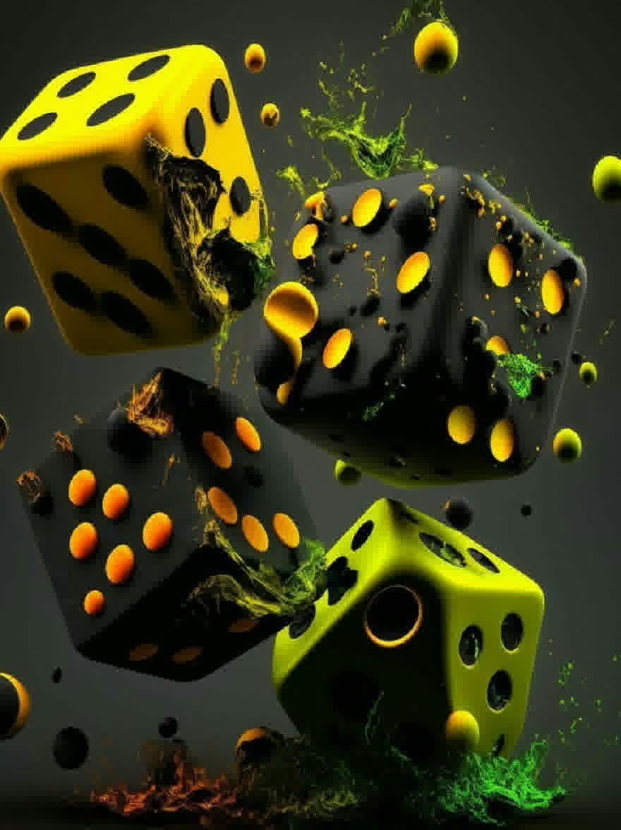 Русский промпт: Фото трех кубиков с черными и желтыми точками в горошек, каждая с отверстием в центре, окруженная брызгами зеленого мха и оранжевых точек. Кости установлены на темном градиентном фоне. Изображение имеет динамичное абстрактное чувство с акцентом на движение кубиков. Цвета яркие, а освещение драматично, создавая ощущение движения и энергии. Общий эффект - это энергия и волнение. | Original prompt: Photo of three dices with black and yellow polka dots, each with a hole in the center, surrounded by splashes of green moss and orange dots. The dices are set against a dark, gradient background. The image has a dynamic, abstract feel with a focus on the movement of the dices. The colors are vibrant and the lighting is dramatic, creating a sense of movement and energy. The overall effect is one of energy and excitement.