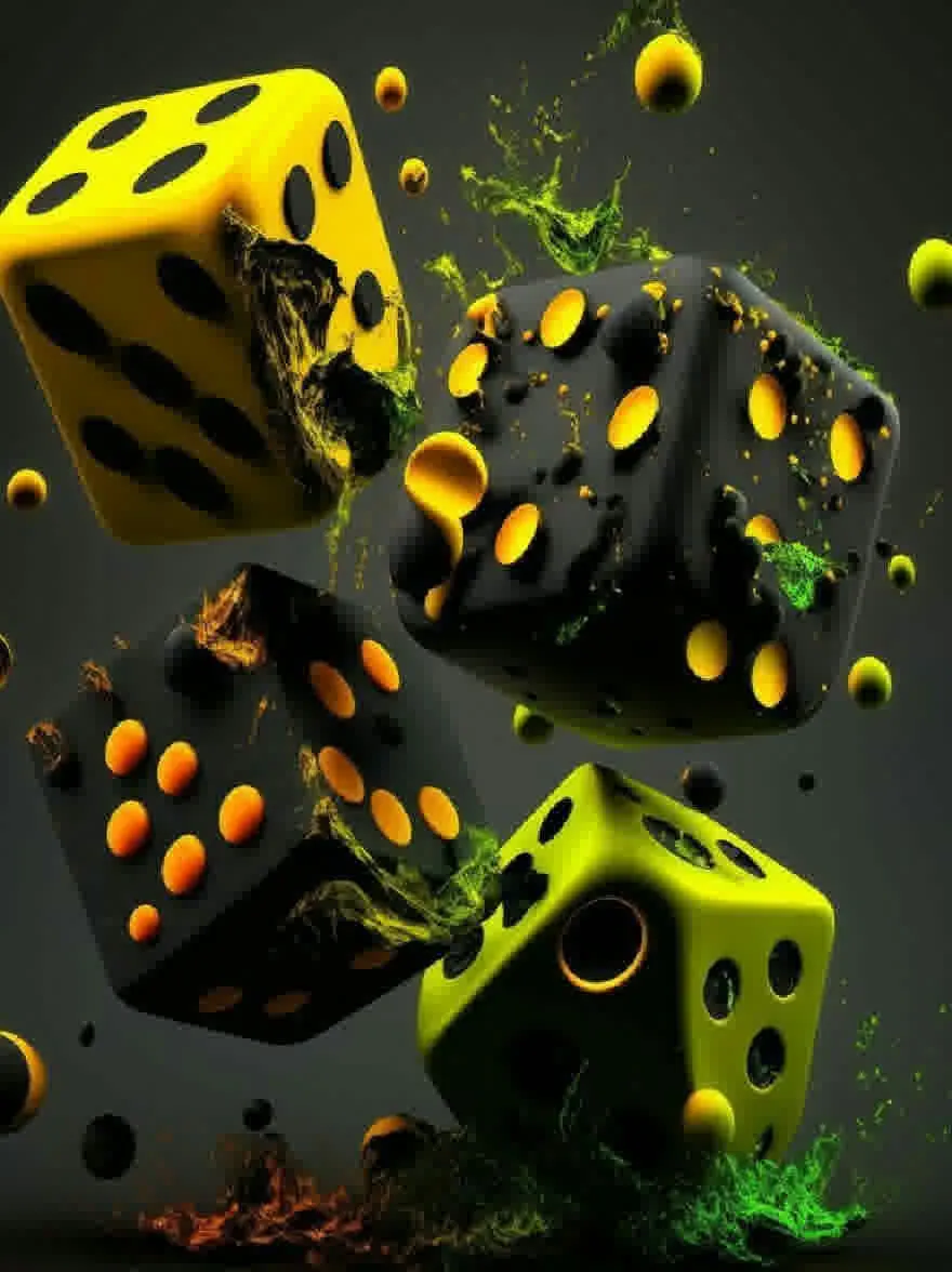 Русский промпт: Фото трех кубиков с черными и желтыми точками в горошек, каждая с отверстием в центре, окруженная брызгами зеленого мха и оранжевых точек. Кости установлены на темном градиентном фоне. Изображение имеет динамичное абстрактное чувство с акцентом на движение кубиков. Цвета яркие, а освещение драматично, создавая ощущение движения и энергии. Общий эффект - это энергия и волнение. | Original prompt: Photo of three dices with black and yellow polka dots, each with a hole in the center, surrounded by splashes of green moss and orange dots. The dices are set against a dark, gradient background. The image has a dynamic, abstract feel with a focus on the movement of the dices. The colors are vibrant and the lighting is dramatic, creating a sense of movement and energy. The overall effect is one of energy and excitement.