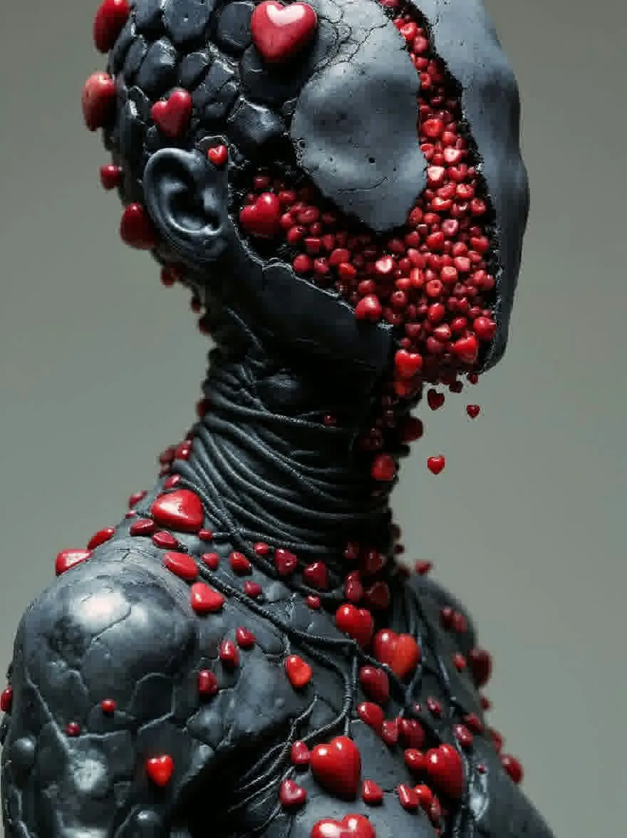 Русский промпт: Высоко подробный научно-фантастический 3D-рендеринг гуманоидной фигуры с уникальным, скульптурным дизайном. Фигура имеет темную, треснувшуюся текстуру кожи и покрыта маленькими красными, сердцами объектами. Объекты расположены в симметричном рисунке вокруг головы и шеи фигуры. Фон представляет собой приглушенный серый, обеспечивающий тонкий контраст с темной, текстурированной поверхностью фигуры. Освещение мягкое и равномерное, подчеркивая сложные детали скульптуры. Общее настроение жуткое и загадочное, с акцентом на анатомию и текстуру персонажа. | Original prompt: A highly detailed, sci-fi, 3D rendering of a humanoid figure with a unique, sculptural design. The figure has a dark, cracked skin texture and is covered in small, red, heart-shaped objects. The objects are arranged in a symmetrical pattern around the figure's head and neck. The background is a muted grey, providing a subtle contrast to the dark, textured surface of the figure. The lighting is soft and even, highlighting the intricate details of the sculpture. The overall mood is eerie and mysterious, with a focus on the character's anatomy and texture.