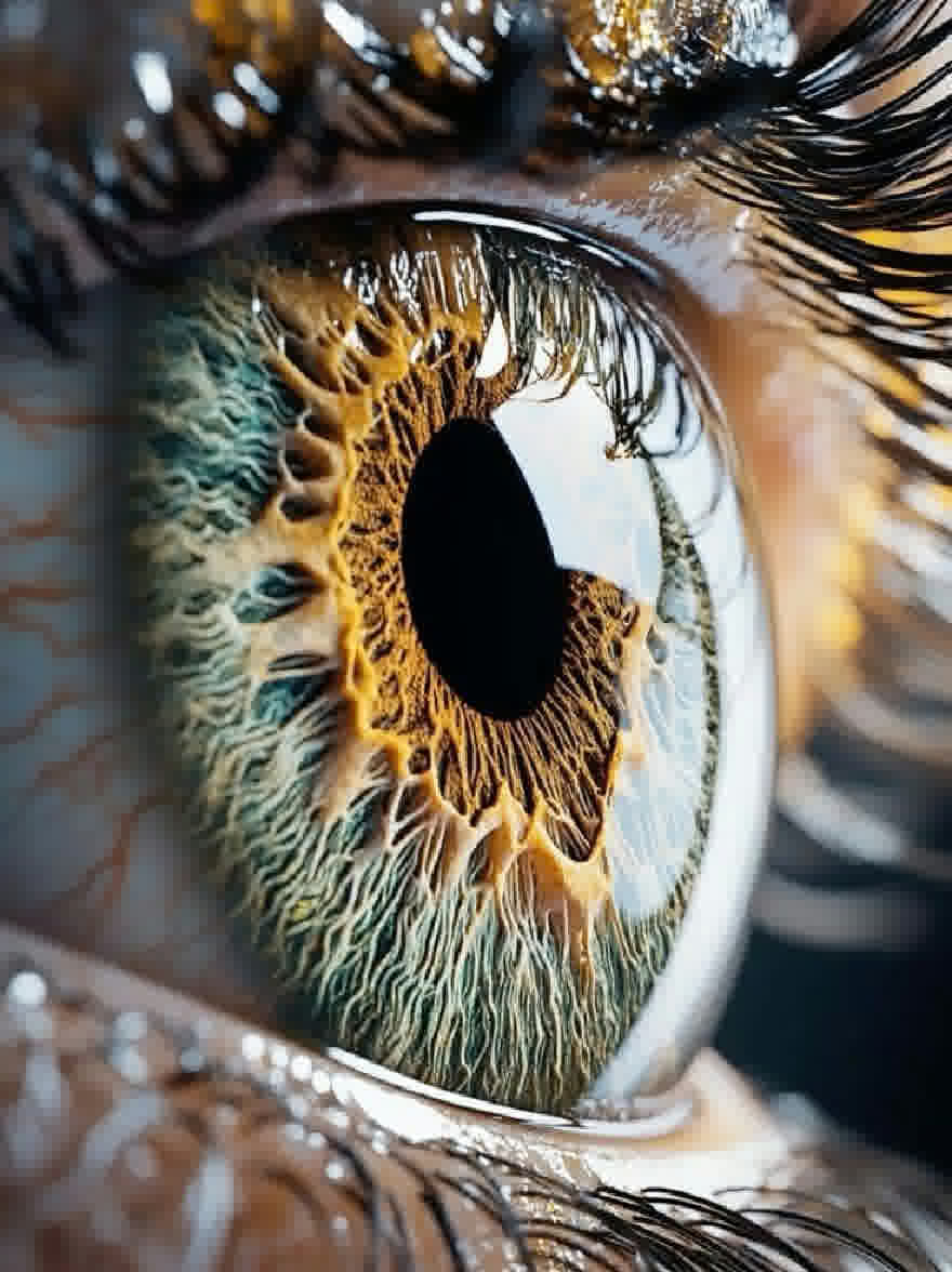 Русский промпт: Крупным планом фотографии человеческого глаза, сделанная с макро-точки зрения. Основное внимание уделяется радужной оболочке, которая является центром изображения, с глубокой черной дырой в центре. Радужная оболочка представляет собой смесь коричневых и зеленых оттенков, с тонкими волнистыми линиями, излучающимися наружу. Ученик также более темный оттенок коричневого цвета, а ресницы длинные и закрученные. Фон размыт, что позволяет фокусировке оставаться на глазах. Освещение мягкое и естественное, подчеркивая сложные детали глаза и текстуру меха. | Original prompt: A close-up photograph of a human eye, taken from a macro perspective. The focus is on the iris, which is the focal point of the image, with a deep black hole in the center. The iris is a mix of brown and green hues, with thin, wavy lines radiating outward. The pupil is also a darker shade of brown, and the eyelashes are long and curled. The background is blurred, allowing the focus to remain on the eye. The lighting is soft and natural, highlighting the intricate details of the eye and the texture of the fur.