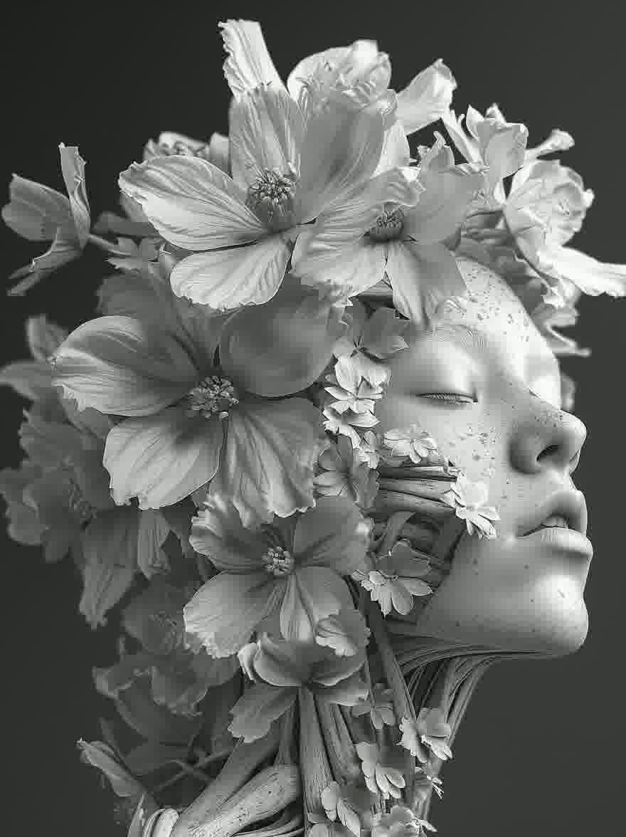 Русский промпт: Очень подробная монохромная фотография женщины и лица женщины, украшенная деликатными белыми цветами. У женщины безмятежное выражение, с закрытыми глазами, а губы слегка расстались. Цветы расположены в круговом рисунке вокруг ее головы, а некоторые перекрывают друг друга. Фон представляет собой твердый темно -серый, обеспечивающий резкий контраст с нежным, почти эфирным качеством фотографий. Общая эстетика является сюрреалистической и сказочной, с акцентом на сложные детали цветов и нежных черт женщины. | Original prompt: A highly detailed, monochrome photograph of a woman's head and face, adorned with delicate, white flowers. The woman has a serene expression, with her eyes closed and her lips slightly parted. The flowers are arranged in a circular pattern around her head, with some overlapping each other. The background is a solid dark grey, providing a stark contrast to the delicate, almost ethereal quality of the photographs. The overall aesthetic is surreal and dreamlike, with a focus on the intricate details of the flowers and the woman's delicate features.