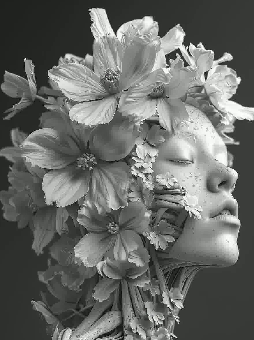 Русский промпт: Очень подробная монохромная фотография женщины и лица женщины, украшенная деликатными белыми цветами. У женщины безмятежное выражение, с закрытыми глазами, а губы слегка расстались. Цветы расположены в круговом рисунке вокруг ее головы, а некоторые перекрывают друг друга. Фон представляет собой твердый темно -серый, обеспечивающий резкий контраст с нежным, почти эфирным качеством фотографий. Общая эстетика является сюрреалистической и сказочной, с акцентом на сложные детали цветов и нежных черт женщины. | Original prompt: A highly detailed, monochrome photograph of a woman's head and face, adorned with delicate, white flowers. The woman has a serene expression, with her eyes closed and her lips slightly parted. The flowers are arranged in a circular pattern around her head, with some overlapping each other. The background is a solid dark grey, providing a stark contrast to the delicate, almost ethereal quality of the photographs. The overall aesthetic is surreal and dreamlike, with a focus on the intricate details of the flowers and the woman's delicate features.