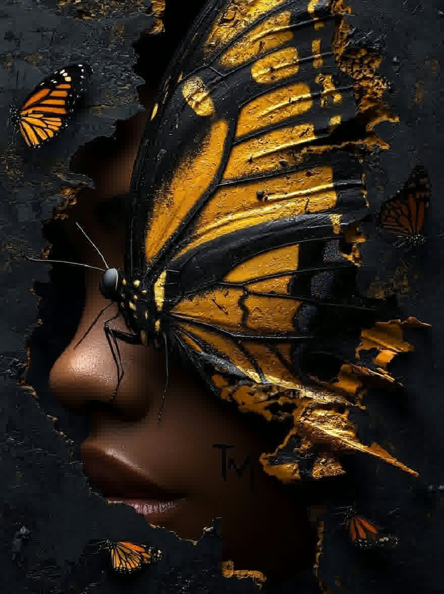Русский промпт: Фотография лица женщины через дыру в темной текстурированной поверхности, с несколькими бабочками монарха, развевающимися вокруг нее. У женщины темная кожа и носит минимальный макияж. Бабочка на ее голове желтая и черная с замысловатыми узорами. Фон темный и текстурированный, с трещинами и расщелинами повсюду. Изображение имеет сюрреалистическое, художественное чувство. Подпись художника видна в правом нижнем углу. | Original prompt: Photograph of a woman's face through a hole in a dark, textured surface, with several monarch butterflies fluttering around her. The woman has dark skin and is wearing minimal makeup. The butterfly on her head is yellow and black with intricate patterns. The background is dark and textured, with cracks and crevices throughout. The image has a surreal, artistic feel. The artist's signature is visible in the bottom right corner.