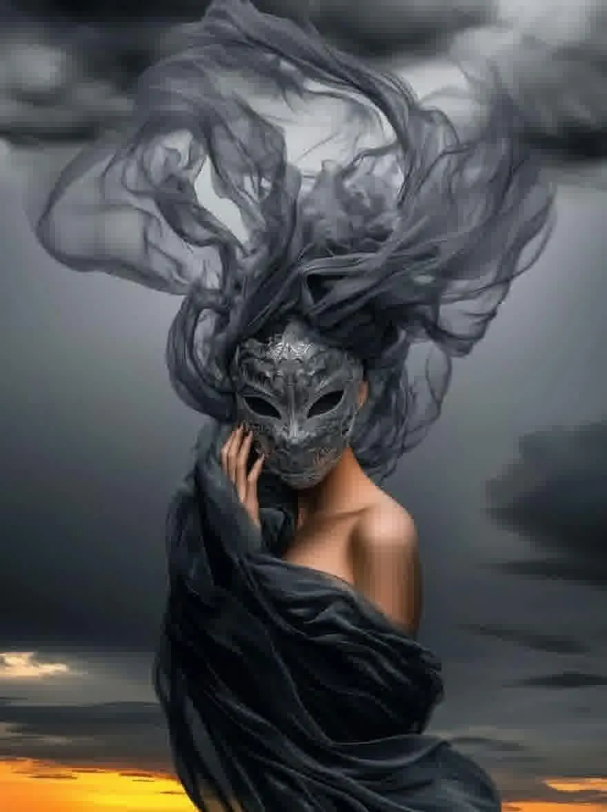 Русский промпт: Сюрреалистическая цифровая живопись женщины с таинственной, эфирной внешностью, одетой в темную богатую маску, которая покрывает ее лицо и простирается вверх, ее длинные, текущие черные волосы каскада вниз по ее спине. Она стоит перед драматическим штормовым небом с темными, зловещими облаками, освещенным теплым апельсиновым закатом на заднем плане. Женщина носит черную шаль, накинутую на плечи, покрывая лицо одной рукой, и ее выражение является одним из созерцаний. Освещение драматичное, с цветами, смешивающимися вместе, чтобы создать капризную атмосферу. Стиль темный и капризный, с акцентом на текстуру и глубину. | Original prompt: A surreal digital painting of a woman with a mysterious, ethereal appearance, wearing a dark, ornate mask that covers her face and extends upwards, her long, flowing black hair cascading down her back. She is standing in front of a dramatic, stormy sky with dark, ominous clouds, illuminated by a warm, orange sunset in the background. The woman is wearing a black shawl draped over her shoulders, covering her face with one hand, and her expression is one of contemplation. The lighting is dramatic, with the colors blending together to create a moody atmosphere. The style is dark and moody, with a focus on texture and depth.