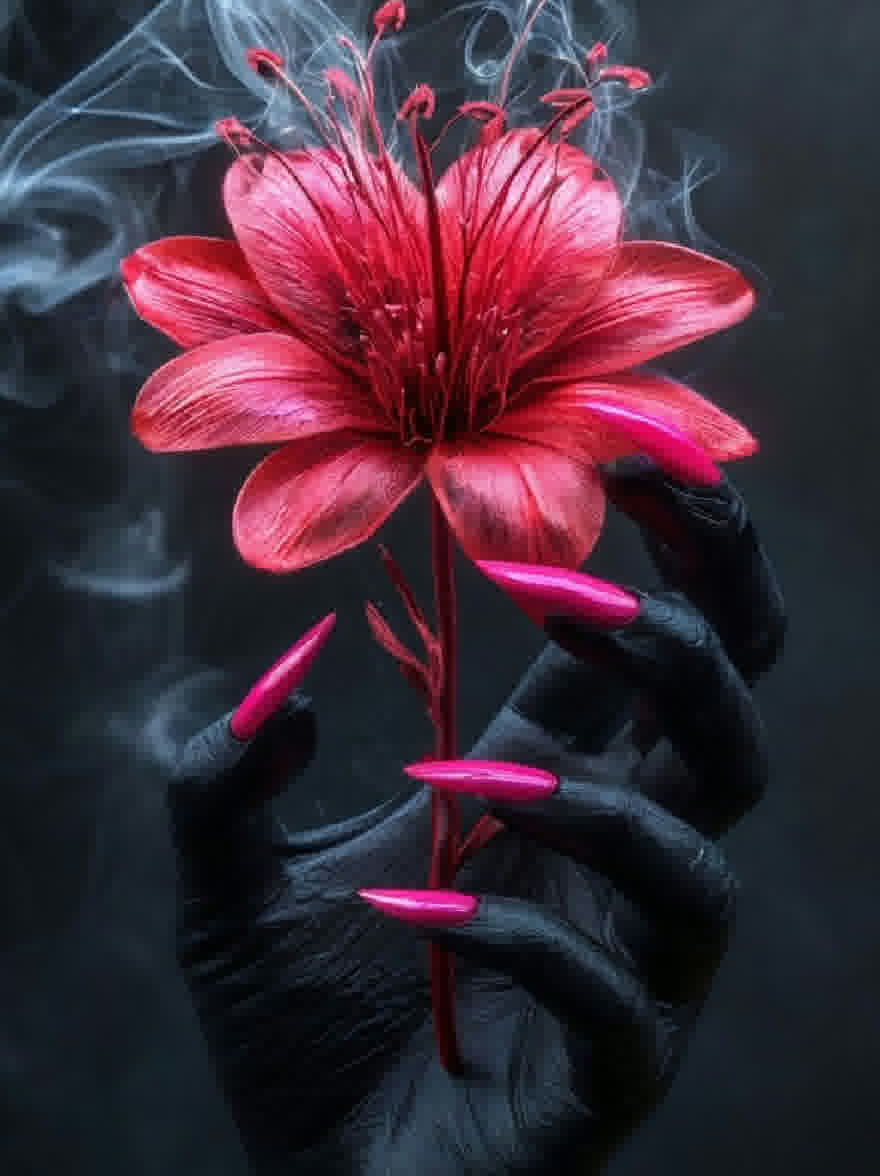 Русский промпт: Фото пары рук, держащих большой, яркий красный цветок, с длинными заостренными розовыми ногтями. Руки носят черные перчатки, а фон - темный, дымный градиент. Цветок имеет деликатные лепестки и тычинки, и в воздухе есть намек на дым. Освещение драматичное, с акцентом на руки и цветок. Общее настроение таинственное и очаровательное. | Original prompt: Photo of a pair of hands holding a large, vibrant red flower, with long, pointed pink nails. The hands are wearing black gloves, and the background is a dark, smoky gradient. The flower has delicate petals and stamens, and there is a hint of smoke in the air. The lighting is dramatic, with a focus on the hands and the flower. The overall mood is mysterious and captivating.