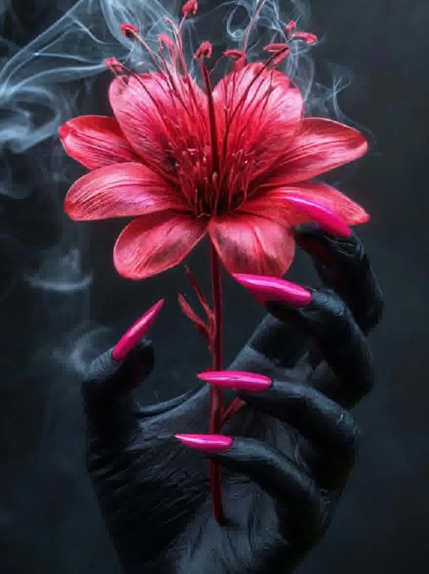 Русский промпт: Фото пары рук, держащих большой, яркий красный цветок, с длинными заостренными розовыми ногтями. Руки носят черные перчатки, а фон - темный, дымный градиент. Цветок имеет деликатные лепестки и тычинки, и в воздухе есть намек на дым. Освещение драматичное, с акцентом на руки и цветок. Общее настроение таинственное и очаровательное. | Original prompt: Photo of a pair of hands holding a large, vibrant red flower, with long, pointed pink nails. The hands are wearing black gloves, and the background is a dark, smoky gradient. The flower has delicate petals and stamens, and there is a hint of smoke in the air. The lighting is dramatic, with a focus on the hands and the flower. The overall mood is mysterious and captivating.