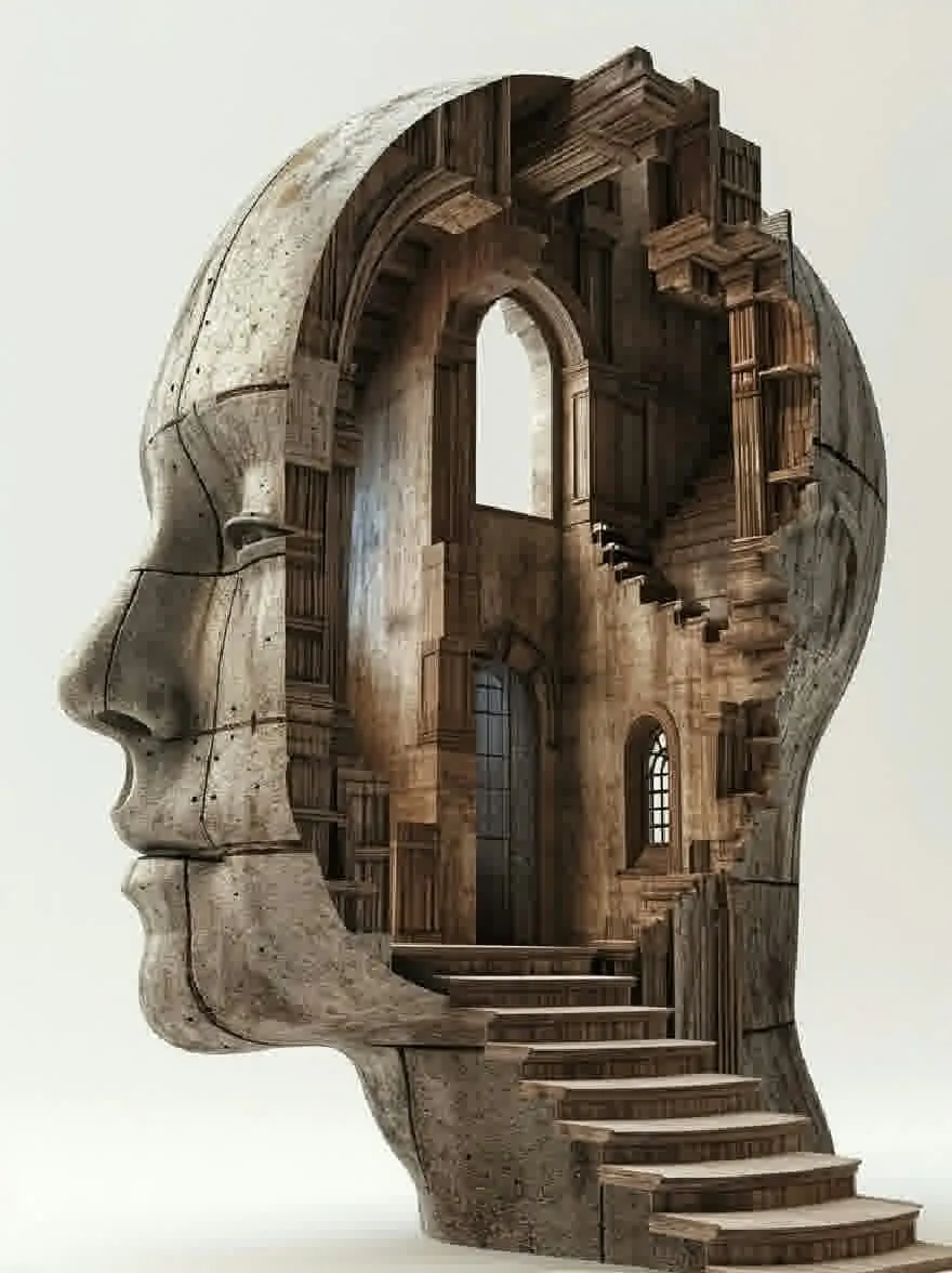 Русский промпт: Фотография человеческой головы, сделанной из бетона, с замысловатыми архитектурными деталями, вырезанными на ее поверхности. Голова расположена в центре изображения, с лестницей, ведущей к входу. Интерьер головы состоит из деревянных книжных полок и колонн, а арочные окна позволяют естественному свету входить в комнату. Стены сделаны из камня, а пол сделан из мрамора. Освещение мягкое и естественное, набрав теплое сияние на интерьере. Общий эффект - один из величия и загадки. | Original prompt: A photograph of a human head made of concrete, with intricate architectural details carved into its surface. The head is positioned in the center of the image, with a staircase leading up to the entrance. The interior of the head is made up of wooden bookshelves and columns, with arched windows allowing natural light to enter the room. The walls are made of stone, and the floor is made of marble. The lighting is soft and natural, casting a warm glow on the interior. The overall effect is one of grandeur and mystery.