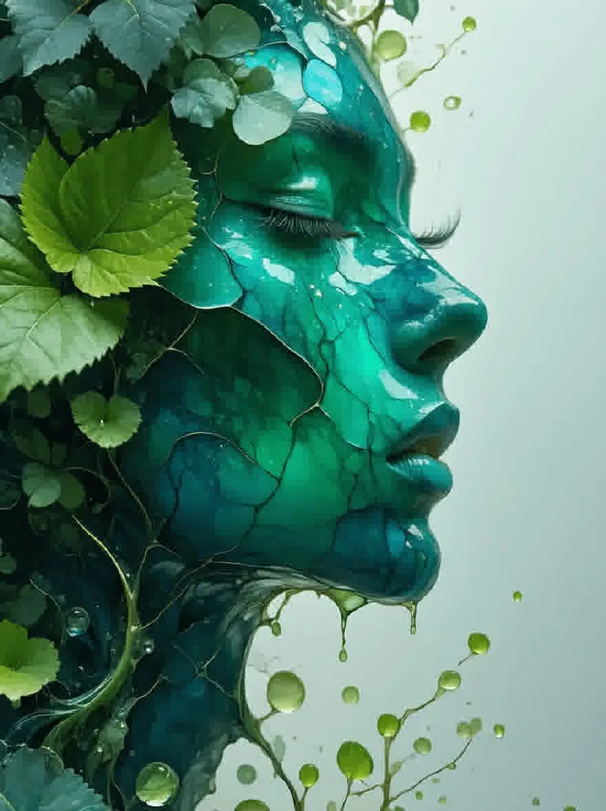 Русский промпт: Цифровая картина лица женщины с безмятежным выражением, окруженная пышными зелеными листьями и лозами. Женская кожа - яркий цвет бирюзового цвета, с трещинами и недостатками повсюду. Ее глаза закрыты, и у нее длинные ресницы. Фон - мягкий, приглушенный серый. Изображение имеет мечтательное, эфирное качество, с акцентом на естественную красоту женщины. Общее настроение мирное и спокойное. | Original prompt: A digital painting of a woman's face with a serene expression, surrounded by lush green leaves and vines. The woman's skin is a vibrant teal color, with cracks and imperfections throughout. Her eyes are closed, and she has long eyelashes. The background is a soft, muted grey. The image has a dreamy, ethereal quality, with a focus on the woman's natural beauty. The overall mood is peaceful and tranquil.