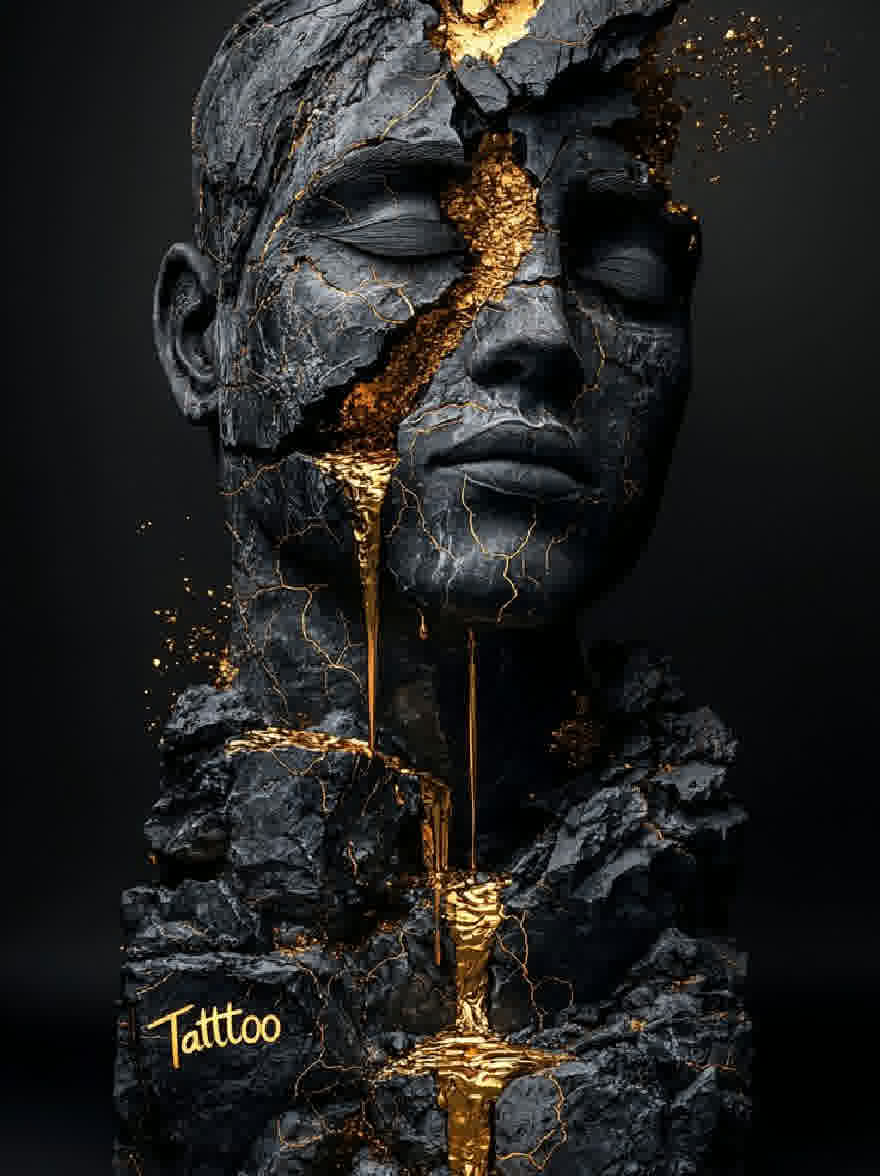 Русский промпт: Фотография скульптуры головы человека и туловища, сделанная из грубой черной скалы с золотой краской капли, создавая поразительный контраст. У этого человека серьезное выражение, с закрытыми глазами, а рот слегка открылся. Его кожа потрескалась и неровная, с золотыми пятнами разбросаны повсюду. В левом нижнем углу изображения есть татуировка, которая читает «Тату». Фон - твердый черный цвет. Скульптура очень подробная и реалистичная, с акцентом на текстуру и глубину. Освещение драматичное, подчеркивая лицо человека и золотую краску. | Original prompt: Photograph of a sculpture of a man's head and torso made of rough, black rock with gold paint drips across it, creating a striking contrast. The man has a serious expression, with his eyes closed and his mouth slightly open. His skin is cracked and uneven, with gold specks scattered throughout. On the bottom left corner of the image, there is a tattoo inscription that reads "Tattoo". The background is a solid black color. The sculpture is highly detailed and realistic, with a focus on texture and depth. The lighting is dramatic, highlighting the man's face and the gold paint.