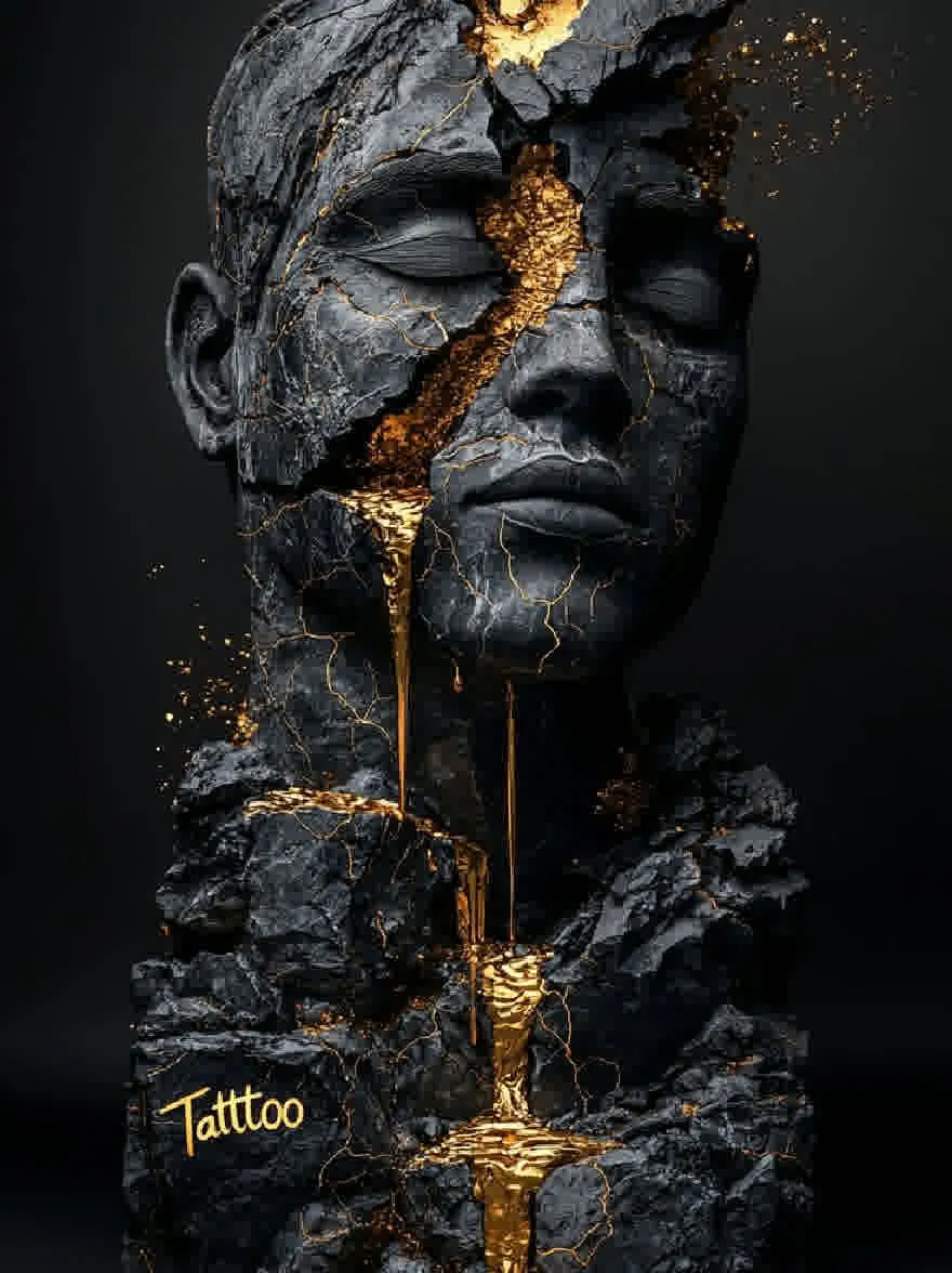 Русский промпт: Фотография скульптуры головы человека и туловища, сделанная из грубой черной скалы с золотой краской капли, создавая поразительный контраст. У этого человека серьезное выражение, с закрытыми глазами, а рот слегка открылся. Его кожа потрескалась и неровная, с золотыми пятнами разбросаны повсюду. В левом нижнем углу изображения есть татуировка, которая читает «Тату». Фон - твердый черный цвет. Скульптура очень подробная и реалистичная, с акцентом на текстуру и глубину. Освещение драматичное, подчеркивая лицо человека и золотую краску. | Original prompt: Photograph of a sculpture of a man's head and torso made of rough, black rock with gold paint drips across it, creating a striking contrast. The man has a serious expression, with his eyes closed and his mouth slightly open. His skin is cracked and uneven, with gold specks scattered throughout. On the bottom left corner of the image, there is a tattoo inscription that reads "Tattoo". The background is a solid black color. The sculpture is highly detailed and realistic, with a focus on texture and depth. The lighting is dramatic, highlighting the man's face and the gold paint.