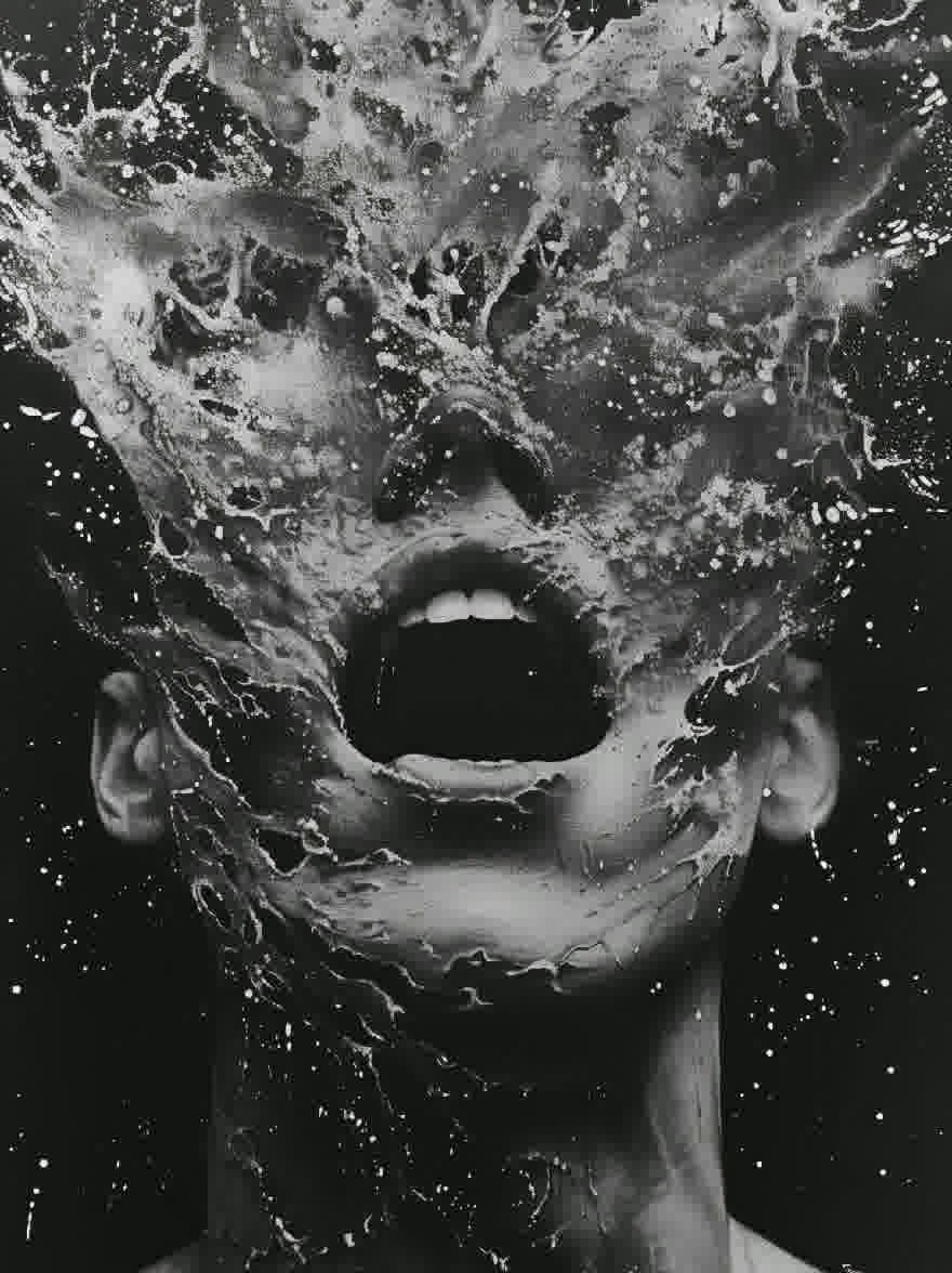 Русский промпт: Черно -белая фотография лица женщины с водой плескает вокруг нее, создавая сюрреалистическую и эфирную атмосферу. Ее рот широко открыт, обнаруживая острые зубы, а ее кожа покрыта толстым слоем капель воды. Фон полностью черный, что позволяет фокусировке оставаться на ее лице и окружающей среде. Изображение имеет монохроматический тон, с акцентом на выражение женщины и текстуру воды. Освещение драматично, подчеркивая контраст между темным фоном и белым веществом. Женщина, кажется, находится в своем позднем подростковом возрасте или в начале двадцатых. | Original prompt: A black and white photograph of a woman's face with water splashing around her, creating a surreal and ethereal atmosphere. Her mouth is open wide, revealing sharp teeth, and her skin is covered in a thick layer of water droplets. The background is completely black, allowing the focus to remain on her face and the surrounding environment. The image has a monochromatic tone, with the focus being on the woman's expression and the texture of the water. The lighting is dramatic, highlighting the contrast between the dark background and the white substance. The woman appears to be in her late teens or early twenties.