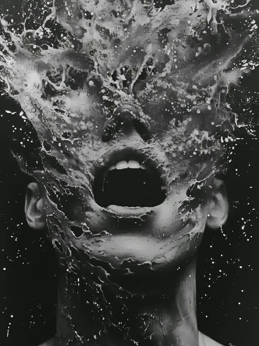Русский промпт: Черно -белая фотография лица женщины с водой плескает вокруг нее, создавая сюрреалистическую и эфирную атмосферу. Ее рот широко открыт, обнаруживая острые зубы, а ее кожа покрыта толстым слоем капель воды. Фон полностью черный, что позволяет фокусировке оставаться на ее лице и окружающей среде. Изображение имеет монохроматический тон, с акцентом на выражение женщины и текстуру воды. Освещение драматично, подчеркивая контраст между темным фоном и белым веществом. Женщина, кажется, находится в своем позднем подростковом возрасте или в начале двадцатых. | Original prompt: A black and white photograph of a woman's face with water splashing around her, creating a surreal and ethereal atmosphere. Her mouth is open wide, revealing sharp teeth, and her skin is covered in a thick layer of water droplets. The background is completely black, allowing the focus to remain on her face and the surrounding environment. The image has a monochromatic tone, with the focus being on the woman's expression and the texture of the water. The lighting is dramatic, highlighting the contrast between the dark background and the white substance. The woman appears to be in her late teens or early twenties.