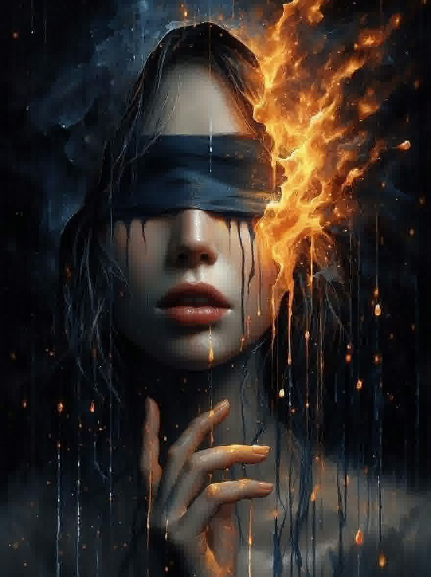 Русский промпт: Цифровая живопись женщины с темной кожей и длинными, текущими черными волосами, на ее глазах с завязанными глазами. У нее серьезное выражение, и ее руки сложены перед лицом. Фон темный и капризный, с огненным оранжевым и желтым пламенем, исходящим с ее правой стороны. Освещение драматичное, с полосами света, отражающими ее кожу и создают драматический эффект. Общее настроение интенсивно и загадочно. | Original prompt: A digital painting of a woman with dark skin and long, flowing black hair, wearing a black blindfold over her eyes. She has a serious expression and her hands are clasped together in front of her face. The background is dark and moody, with a fiery orange and yellow flame emanating from her right side. The lighting is dramatic, with streaks of light reflecting off her skin and creating a dramatic effect. The overall mood is intense and mysterious.