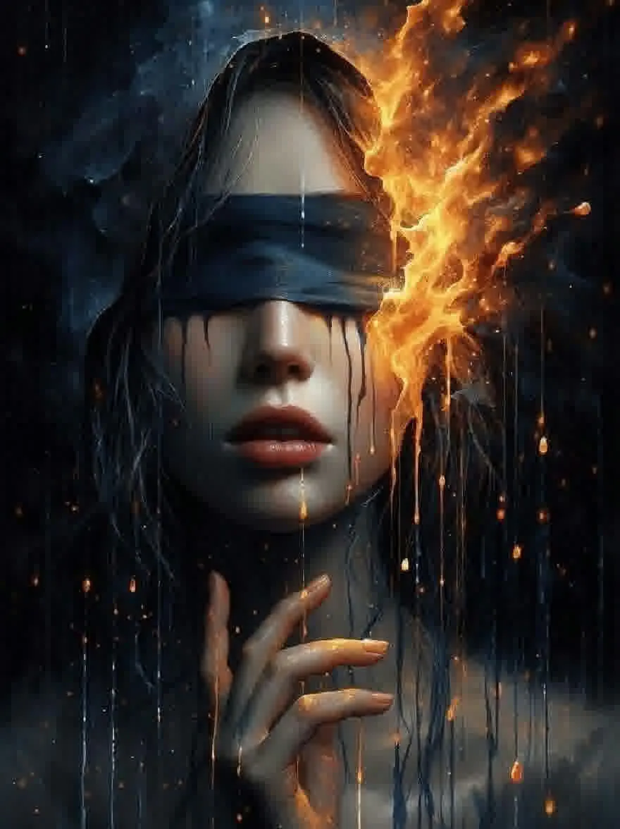 Русский промпт: Цифровая живопись женщины с темной кожей и длинными, текущими черными волосами, на ее глазах с завязанными глазами. У нее серьезное выражение, и ее руки сложены перед лицом. Фон темный и капризный, с огненным оранжевым и желтым пламенем, исходящим с ее правой стороны. Освещение драматичное, с полосами света, отражающими ее кожу и создают драматический эффект. Общее настроение интенсивно и загадочно. | Original prompt: A digital painting of a woman with dark skin and long, flowing black hair, wearing a black blindfold over her eyes. She has a serious expression and her hands are clasped together in front of her face. The background is dark and moody, with a fiery orange and yellow flame emanating from her right side. The lighting is dramatic, with streaks of light reflecting off her skin and creating a dramatic effect. The overall mood is intense and mysterious.
