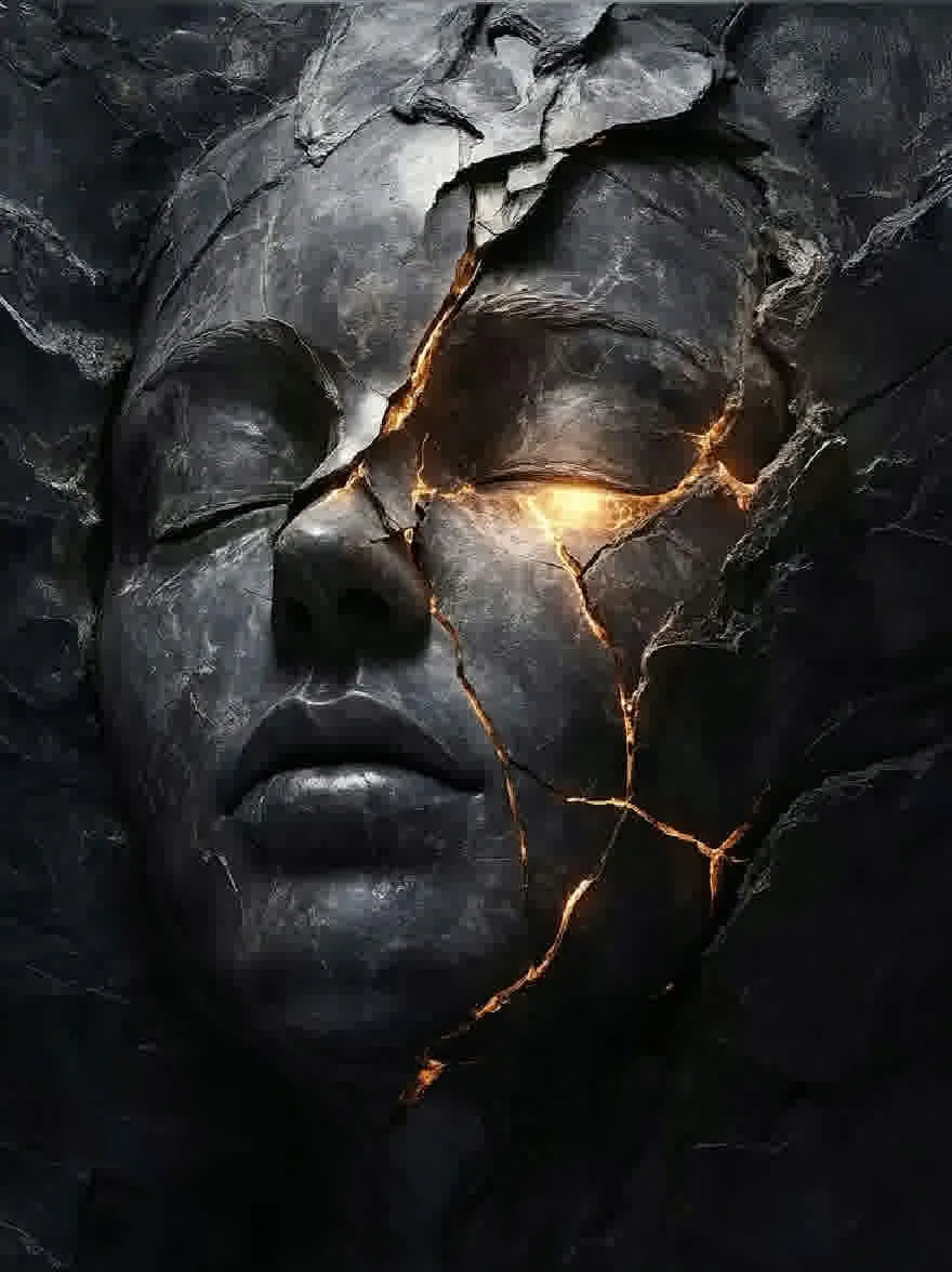 Русский промпт: Фотография лица женщины с потрескавшейся черной поверхностью, освещенная теплым золотым светом. Лицо имеет безмятежное выражение, с закрытыми глазами, а губы слегка расстались. Трещины на поверхности создают поразительный контраст между темной, потрескавшейся поверхностью и светящимся светом, создавая очаровательную и загадочную атмосферу. Освещение драматично, подчеркивая трещины и создавая ощущение глубины и размерности. Фон - темная, текстурированная поверхность, добавляя к общему мрачному и эфирному ощущению изображения. | Original prompt: Photograph of a woman's face with cracked, cracked black surface, illuminated by a warm, golden light. The face has a serene expression, with her eyes closed and her lips slightly parted. The cracks on the surface create a striking contrast between the dark, cracked surface and the glowing light, creating a captivating and mysterious atmosphere. The lighting is dramatic, highlighting the cracks and creating a sense of depth and dimensionality. The background is a dark, textured surface, adding to the overall moody and ethereal feel of the image.