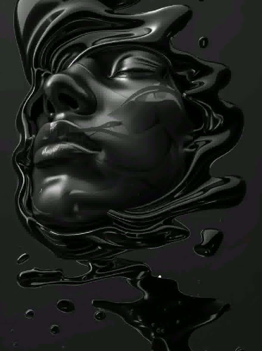 Русский промпт: Высоко детальная монохромная цифровая иллюстрация лица женщины с гладкой глянцевой текстурой. У женщины безмятежное выражение, с закрытыми глазами, а губы слегка расстались. Ее волосы стилизованы свободными волнами, каскадируя по ее спине. Фон - твердый, темно -серый, обеспечивающий резкий контраст с поразительным черным цветом ее лица и волос. Изображение очень подробно и визуально поражает, с акцентом на текстуру и текучесть кожи женщины. Общий эффект - это спокойствие и безмятежность. | Original prompt: A highly detailed, monochrome digital illustration of a woman's face with a smooth, glossy texture. The woman has a serene expression, with her eyes closed and her lips slightly parted. Her hair is styled in loose waves, cascading down her back. The background is a solid, dark grey, providing a stark contrast to the striking black color of her face and hair. The image is highly detailed and visually striking, with a focus on the texture and fluidity of the woman's skin. The overall effect is one of tranquility and serenity.