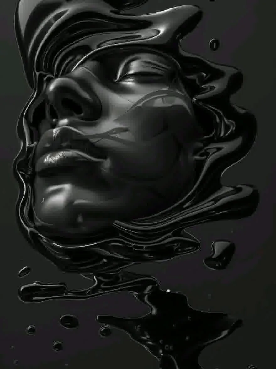 Русский промпт: Высоко детальная монохромная цифровая иллюстрация лица женщины с гладкой глянцевой текстурой. У женщины безмятежное выражение, с закрытыми глазами, а губы слегка расстались. Ее волосы стилизованы свободными волнами, каскадируя по ее спине. Фон - твердый, темно -серый, обеспечивающий резкий контраст с поразительным черным цветом ее лица и волос. Изображение очень подробно и визуально поражает, с акцентом на текстуру и текучесть кожи женщины. Общий эффект - это спокойствие и безмятежность. | Original prompt: A highly detailed, monochrome digital illustration of a woman's face with a smooth, glossy texture. The woman has a serene expression, with her eyes closed and her lips slightly parted. Her hair is styled in loose waves, cascading down her back. The background is a solid, dark grey, providing a stark contrast to the striking black color of her face and hair. The image is highly detailed and visually striking, with a focus on the texture and fluidity of the woman's skin. The overall effect is one of tranquility and serenity.