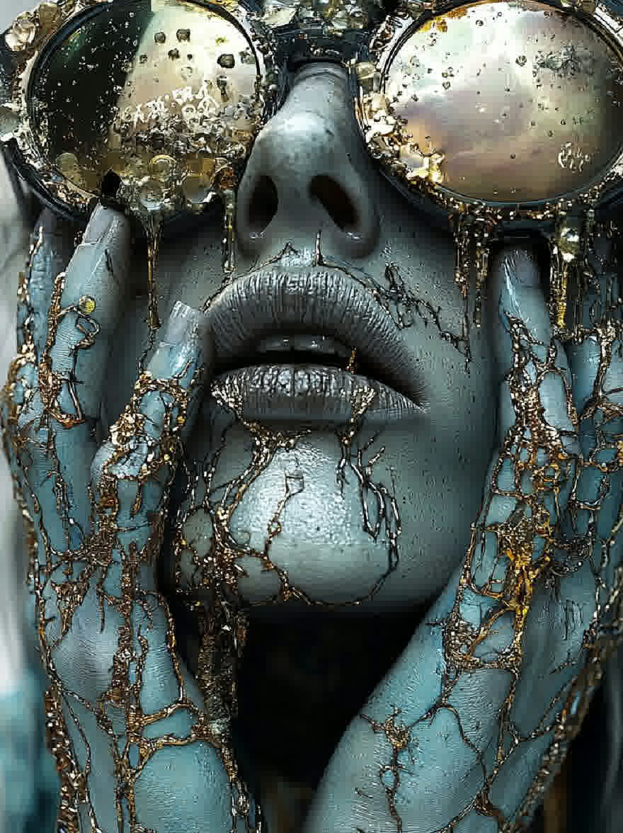Русский промпт: Крупным планом фотографии лица и верхнего тела женщины, с уникальной, художественной, футуристической эстетикой. У женщины бледный цвет лица, синяя кожа и металлические золотые акценты на лице и руках. На ней есть пара негабаритных, круглых солнцезащитных очков с золотыми рамками с зеркальными линзами. Ее глаза частично скрыты линзами, придавая ей таинственную и очаровательную внешность. Ее губы полны и глянцевые, с темной помадой. Фон размыт, что позволяет фокусировке оставаться на предмете. Освещение драматичное, подчеркивая ее черты и текстуру ее кожи и волос. Общее настроение темное и загадочное, вызывая чувство интриги и загадки. | Original prompt: A close-up photograph of a woman's face and upper body, with a unique, artistic, futuristic aesthetic. The woman has a pale complexion, blue skin, and metallic gold accents on her face and hands. She is wearing a pair of oversized, round, gold-framed sunglasses with mirrored lenses. Her eyes are partially obscured by the lenses, giving her a mysterious and captivating appearance. Her lips are full and glossy, with dark lipstick. The background is blurred, allowing the focus to remain on the subject. The lighting is dramatic, highlighting her features and the texture of her skin and hair. The overall mood is dark and mysterious, evoking a sense of intrigue and mystery.