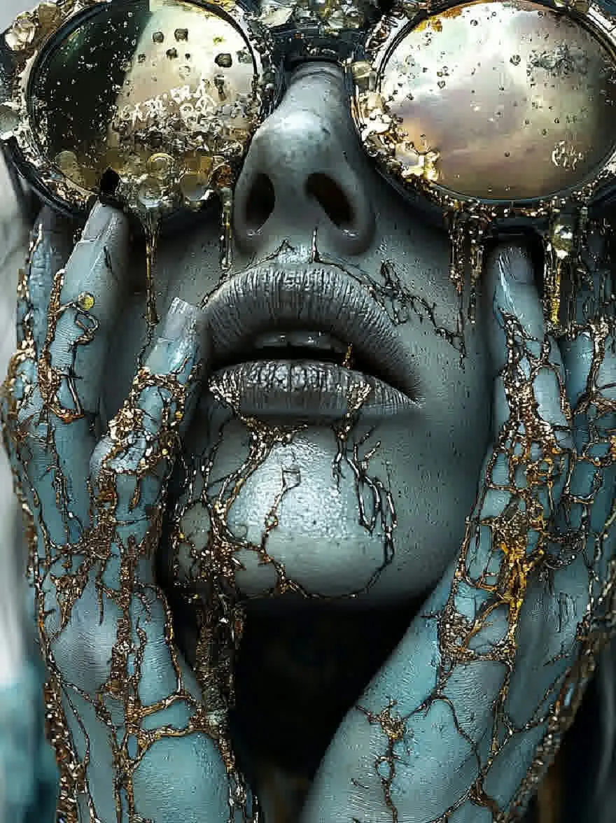 Русский промпт: Крупным планом фотографии лица и верхнего тела женщины, с уникальной, художественной, футуристической эстетикой. У женщины бледный цвет лица, синяя кожа и металлические золотые акценты на лице и руках. На ней есть пара негабаритных, круглых солнцезащитных очков с золотыми рамками с зеркальными линзами. Ее глаза частично скрыты линзами, придавая ей таинственную и очаровательную внешность. Ее губы полны и глянцевые, с темной помадой. Фон размыт, что позволяет фокусировке оставаться на предмете. Освещение драматичное, подчеркивая ее черты и текстуру ее кожи и волос. Общее настроение темное и загадочное, вызывая чувство интриги и загадки. | Original prompt: A close-up photograph of a woman's face and upper body, with a unique, artistic, futuristic aesthetic. The woman has a pale complexion, blue skin, and metallic gold accents on her face and hands. She is wearing a pair of oversized, round, gold-framed sunglasses with mirrored lenses. Her eyes are partially obscured by the lenses, giving her a mysterious and captivating appearance. Her lips are full and glossy, with dark lipstick. The background is blurred, allowing the focus to remain on the subject. The lighting is dramatic, highlighting her features and the texture of her skin and hair. The overall mood is dark and mysterious, evoking a sense of intrigue and mystery.