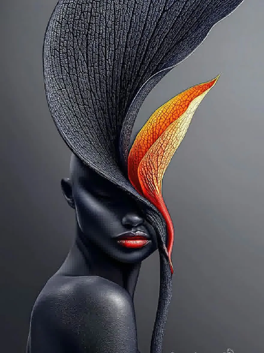 Русский промпт: Фотография таинственной темнокожие женщины с большим, удлиненным, колючевым, черным головным убором, украшенным ярким, оранжевым и желтым цветом трупа. Головной убор замысловато разработан с текстурированной, текстурированной поверхностью, а лицо женщины частично скрыто цветом. У нее бледный цвет лица и красная помада. Фон - простой, приглушенный серый. Женщина расположена в центре изображения, а голова слегка наклонялась в сторону. Освещение драматично, подчеркивая ее изгибы и сложные детали ее головного убора. Изображение имеет сюрреалистическую, научно-фантастическую эстетику. | Original prompt: Photograph of a mysterious, dark-skinned woman with a large, elongated, spiky, black headdress adorned with a striking, orange and yellow corpse flower. The headdress is intricately designed with a textured, textured surface, and the woman's face is partially obscured by the flower. She has a pale complexion and red lipstick. The background is a simple, muted grey. The woman is positioned in the center of the image, with her head slightly tilted to the side. The lighting is dramatic, highlighting her curves and the intricate details of her headdress. The image has a surreal, sci-fi aesthetic.
