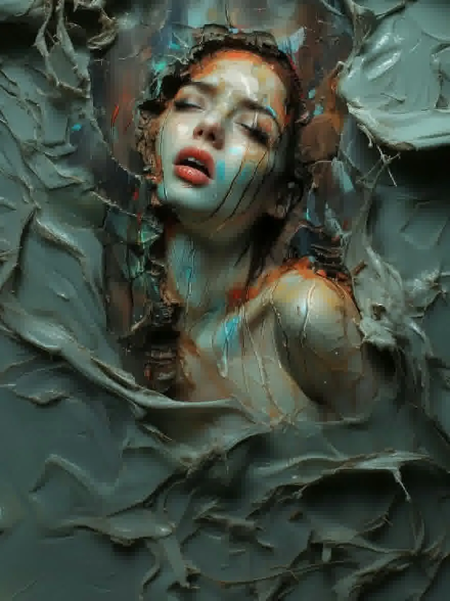 Русский промпт: Цифровая живопись женщины с бледной кожей, синей и зеленой краской на лице и теле, выходящая из дыры в текстурированной грилевой зеленой стене. У нее безмятежное выражение, с закрытыми глазами, а рот слегка открылся. Ее кожа покрыта различными цветами, в том числе синим, зеленым и красным. Текстура стены грубая и зазубренная, с некоторыми областями появляются темнее, чем другие. Освещение мягкое и естественное, подчеркивая ее черты и создавая мечтательную, эфирную атмосферу. Стиль сюрреалистичен и сюрреалистичен, с акцентом на текстуру и глубину. Женщина расположена в центре изображения, с отверстием в стене ощущение глубины и размерности. | Original prompt: A digital painting of a woman with pale skin, blue and green paint on her face and body, emerging from a hole in a textured, rippled, green wall. She has a serene expression, with her eyes closed and her mouth slightly open. Her skin is covered in a variety of colors, including blue, green, and red. The texture of the wall is rough and jagged, with some areas appearing darker than others. The lighting is soft and natural, highlighting her features and creating a dreamy, ethereal atmosphere. The style is surreal and surreal, with a focus on texture and depth. The woman is positioned in the center of the image, with the hole in the wall providing a sense of depth and dimensionality.
