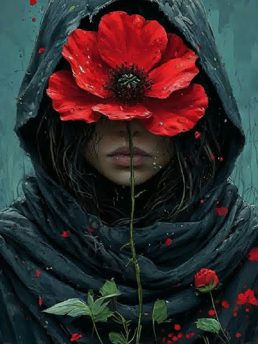 Русский промпт: Цифровая живопись женщины с темной кожей и длинными черными волосами, в темном плащ с капюшоном и черной платкой, накинутой на ее плечи. У нее есть большой, яркий красный мако -цветок перед лицом, с каплями воды, блестящими на лепестках. Фон представляет собой приглушенный градиент с чистком-зеленым, с небольшими красными маками, разбросанными по всему. Выражение женщины безмятежное и созерцательное, с ее губами слегка расстались. Общее настроение мрачное и меланхоличное. Работа очень подробно и реалистична, с акцентом на лицо женщины и цветок. | Original prompt: A digital painting of a woman with dark skin and long black hair, wearing a dark, hooded cloak and a black shawl draped over her shoulders. She has a large, vibrant red poppy flower in front of her face, with water droplets glistening on its petals. The background is a muted teal-green gradient, with small red poppies scattered throughout. The woman's expression is serene and contemplative, with her lips slightly parted. The overall mood is somber and melancholic. The artwork is highly detailed and realistic, with a focus on the woman's face and the flower.