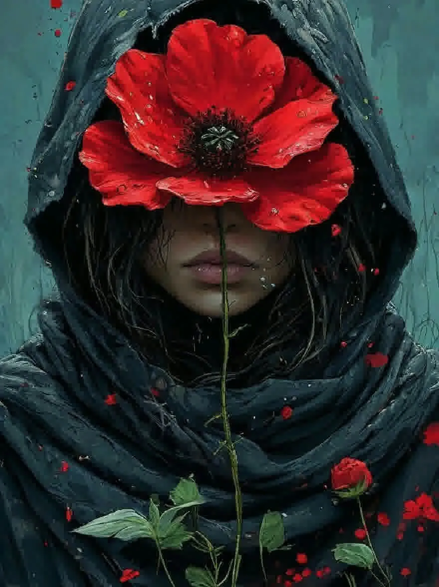 Русский промпт: Цифровая живопись женщины с темной кожей и длинными черными волосами, в темном плащ с капюшоном и черной платкой, накинутой на ее плечи. У нее есть большой, яркий красный мако -цветок перед лицом, с каплями воды, блестящими на лепестках. Фон представляет собой приглушенный градиент с чистком-зеленым, с небольшими красными маками, разбросанными по всему. Выражение женщины безмятежное и созерцательное, с ее губами слегка расстались. Общее настроение мрачное и меланхоличное. Работа очень подробно и реалистична, с акцентом на лицо женщины и цветок. | Original prompt: A digital painting of a woman with dark skin and long black hair, wearing a dark, hooded cloak and a black shawl draped over her shoulders. She has a large, vibrant red poppy flower in front of her face, with water droplets glistening on its petals. The background is a muted teal-green gradient, with small red poppies scattered throughout. The woman's expression is serene and contemplative, with her lips slightly parted. The overall mood is somber and melancholic. The artwork is highly detailed and realistic, with a focus on the woman's face and the flower.