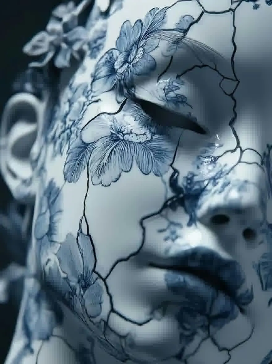 Русский промпт: Крупным планом фотографии женщины с замысловатыми сине-белыми цветочными узорами, вырезанными в треснувшем фарфоре. Образец включают цветы, листья и виноградные лозы. У женщины безмятежное выражение, с закрытыми глазами, а губы слегка расстались. Фон размыт, что позволяет фокусировке оставаться на сложных закономерности. Освещение мягкое и естественное, подчеркивая деликатные детали керамики. Общее настроение мрачно и созерцает. | Original prompt: A close-up photograph of a woman's face with intricate blue and white floral patterns carved into cracked porcelain. The patterns include flowers, leaves, and vines. The woman has a serene expression, with her eyes closed and her lips slightly parted. The background is blurred, allowing the focus to remain on the intricate patterns. The lighting is soft and natural, highlighting the delicate details of the ceramic. The overall mood is somber and contemplative.