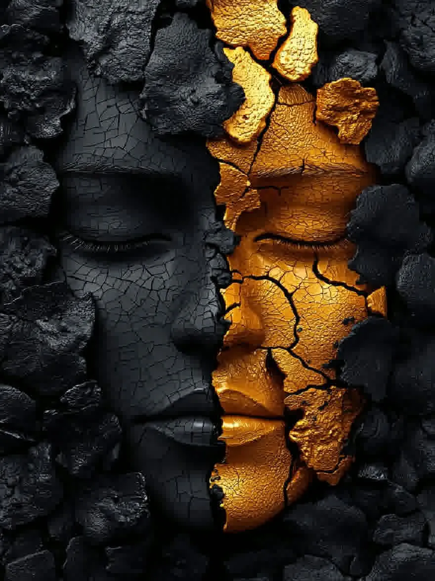 Русский промпт: Фотография двух лиц, одного черного и одного золота, потрескавшихся и неравномерно формированных, создавая поразительный контраст между двумя половинками. Черное лицо находится на левой стороне изображения, с золотым лицом на правой стороне. Оба лица имеют безмятежное выражение, с закрытыми глазами, а губы слегка расстались. Золотое лицо имеет треснувшую текстуру, в то время как черное лицо кажется гладким и неровным. Фон состоит из темных, вулканических камней, придающих изображению темную и жуткую атмосферу. Освещение драматично, подчеркивая трещины и текстуры черных и золотых лиц. Общий эффект - это контраст и красота. | Original prompt: Photograph of two faces, one black and one gold, cracked and unevenly shaped, creating a striking contrast between the two halves. The black face is on the left side of the image, with the gold face on the right side. Both faces have a serene expression, with their eyes closed and their lips slightly parted. The gold face has a cracked texture, while the black face appears smooth and uneven. The background is composed of dark, volcanic rocks, giving the image a dark and eerie atmosphere. The lighting is dramatic, highlighting the cracks and textures of the black and gold faces. The overall effect is one of contrast and beauty.