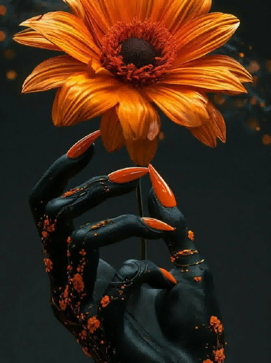 Русский промпт: Фотография рук человека, держащего большой, яркий апельсиновый цветок с черным центром. Руки окрашены темным, глянцевым черным лаком для ногтей и украшены небольшими замысловатыми цветочными узорами. Фон - темный, размытый градиент с оттенками апельсина, создавая капризную атмосферу. Цветок является фокусной точкой изображения, с деликатно размещающими его на верхней части цветов. Освещение мягкое и теплое, подчеркивая сложные детали цветов и текстуру гвоздей. Общий эффект - это красота и элегантность. | Original prompt: A photograph of a person's hands holding a large, vibrant orange flower with a black center. The hands are painted with dark, glossy black nail polish and adorned with small, intricate floral designs. The background is a dark, blurred gradient with hints of orange, creating a moody atmosphere. The flower is the focal point of the image, with the hands delicately placing it on top of the flower. The lighting is soft and warm, highlighting the intricate details of the flowers and the texture of the nails. The overall effect is one of beauty and elegance.