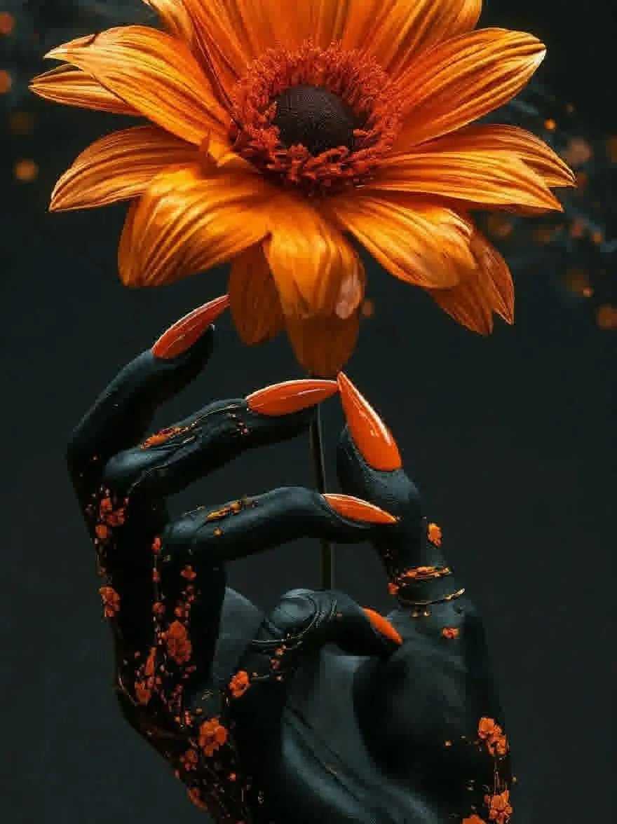 Русский промпт: Фотография рук человека, держащего большой, яркий апельсиновый цветок с черным центром. Руки окрашены темным, глянцевым черным лаком для ногтей и украшены небольшими замысловатыми цветочными узорами. Фон - темный, размытый градиент с оттенками апельсина, создавая капризную атмосферу. Цветок является фокусной точкой изображения, с деликатно размещающими его на верхней части цветов. Освещение мягкое и теплое, подчеркивая сложные детали цветов и текстуру гвоздей. Общий эффект - это красота и элегантность. | Original prompt: A photograph of a person's hands holding a large, vibrant orange flower with a black center. The hands are painted with dark, glossy black nail polish and adorned with small, intricate floral designs. The background is a dark, blurred gradient with hints of orange, creating a moody atmosphere. The flower is the focal point of the image, with the hands delicately placing it on top of the flower. The lighting is soft and warm, highlighting the intricate details of the flowers and the texture of the nails. The overall effect is one of beauty and elegance.
