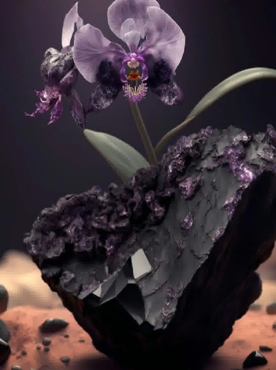 Русский промпт: Фотография красивой фиолетовой орхидеи с деликатными лепестками и желтым центром, расположенной на темном, размытовом фоне. Орхидея помещается на грубую текстурированную скалу, с маленькой галькой, разбросанной вокруг нее. Лепестки слегка сморщены и имеют глянцевый блеск, что указывает на то, что они подвергались воздействию элементов в течение некоторого времени. Скала темный и выветритный, с грубой текстурой. Фон не фокусируется, позволяя орхидее выделиться. Общее настроение таинственное и очаровательное. | Original prompt: A photograph of a beautiful purple orchid with delicate petals and a yellow center, set against a dark, blurred background. The orchid is placed on a rough, textured rock, with small pebbles scattered around it. The petals are slightly wrinkled and have a glossy sheen, indicating that they have been exposed to the elements for some time. The rock is dark and weathered, with a rough texture. The background is out of focus, allowing the orchid to stand out. The overall mood is mysterious and captivating.