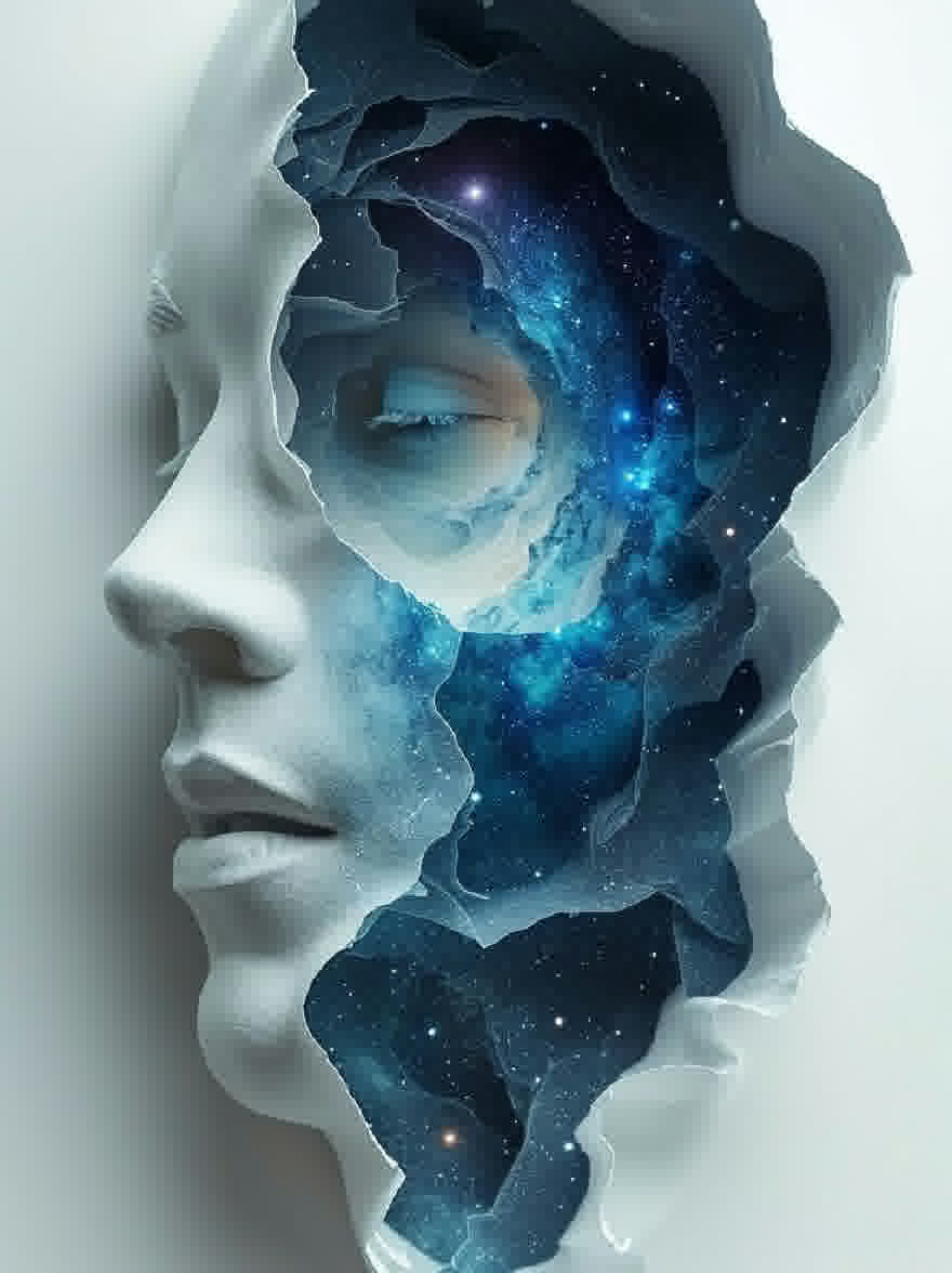 Русский промпт: Фотография лица женщины через разорванный лист бумаги, с галактик, похожей на туманность на заднем плане. У женщины безмятежное выражение, с закрытыми глазами, а губы слегка расстались. Туманность состоит из синих и фиолетовых оттенков, со звездами и галактиками разбросаны по всему. Фон является ярким белым, что дает резкий контраст с яркими цветами туманности. Изображение имеет сюрреалистическое и сказочное качество. | Original prompt: Photograph of a woman's face through a torn piece of paper, with a galaxy-like nebula in the background. The woman has a serene expression, with her eyes closed and her lips slightly parted. The nebula is composed of blue and purple hues, with stars and galaxies scattered throughout. The background is a stark white, providing a stark contrast to the vibrant colors of the nebula. The image has a surreal and dreamlike quality.