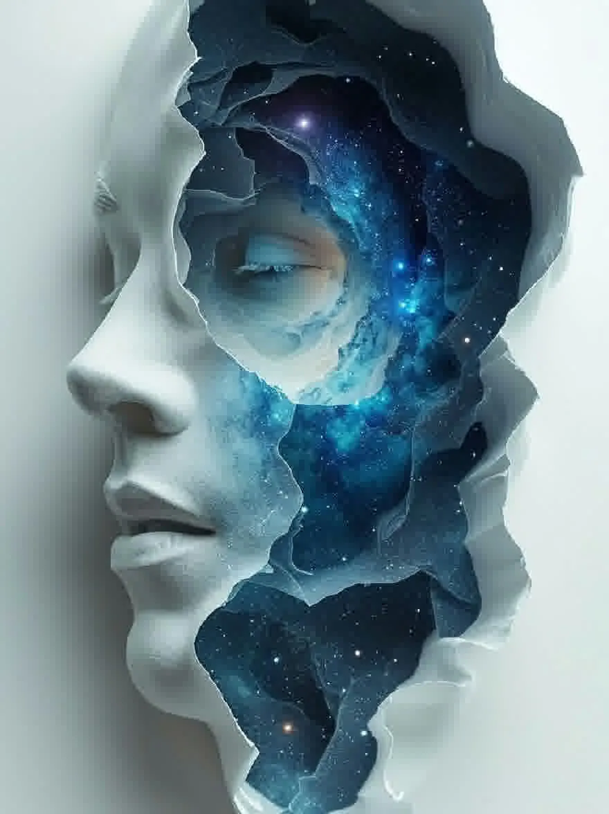 Русский промпт: Фотография лица женщины через разорванный лист бумаги, с галактик, похожей на туманность на заднем плане. У женщины безмятежное выражение, с закрытыми глазами, а губы слегка расстались. Туманность состоит из синих и фиолетовых оттенков, со звездами и галактиками разбросаны по всему. Фон является ярким белым, что дает резкий контраст с яркими цветами туманности. Изображение имеет сюрреалистическое и сказочное качество. | Original prompt: Photograph of a woman's face through a torn piece of paper, with a galaxy-like nebula in the background. The woman has a serene expression, with her eyes closed and her lips slightly parted. The nebula is composed of blue and purple hues, with stars and galaxies scattered throughout. The background is a stark white, providing a stark contrast to the vibrant colors of the nebula. The image has a surreal and dreamlike quality.