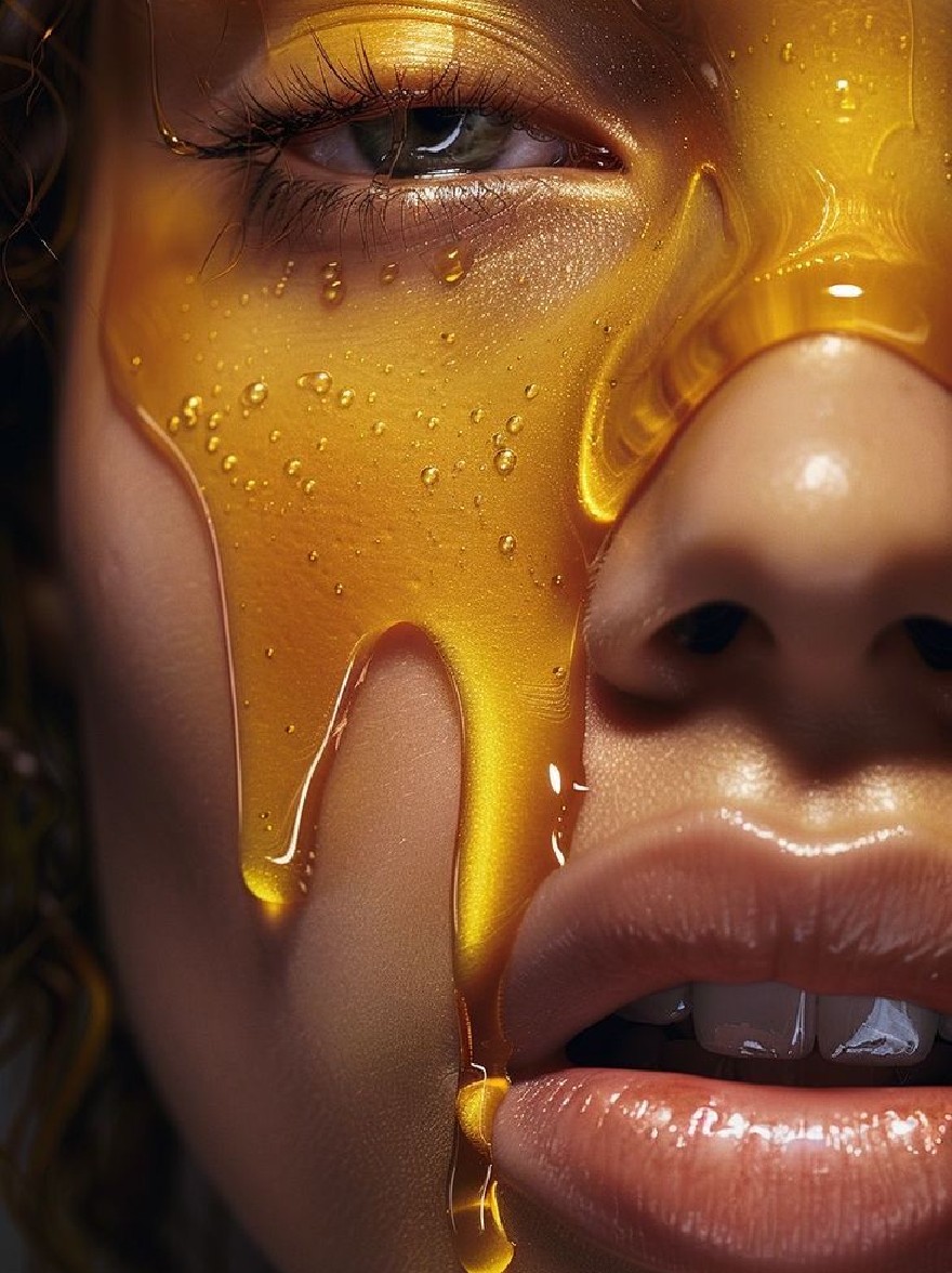 Русский промпт: A close-up photograph of a woman's face and upper body, both covered in a shiny, golden substance that glistens with water droplets. The woman has dark skin, curly hair, and large, expressive green eyes. Her lips are slightly parted, revealing her teeth. The substance is dripping down her face and neck, creating a honey-like effect. The lighting is dramatic, highlighting the contrast between the golden substance and the dark skin. The background is blurred, allowing the focus to remain on the woman and the substance. The overall effect is one of sensuality and beauty. | Original prompt: A close-up photograph of a woman's face and upper body, both covered in a shiny, golden substance that glistens with water droplets. The woman has dark skin, curly hair, and large, expressive green eyes. Her lips are slightly parted, revealing her teeth. The substance is dripping down her face and neck, creating a honey-like effect. The lighting is dramatic, highlighting the contrast between the golden substance and the dark skin. The background is blurred, allowing the focus to remain on the woman and the substance. The overall effect is one of sensuality and beauty.