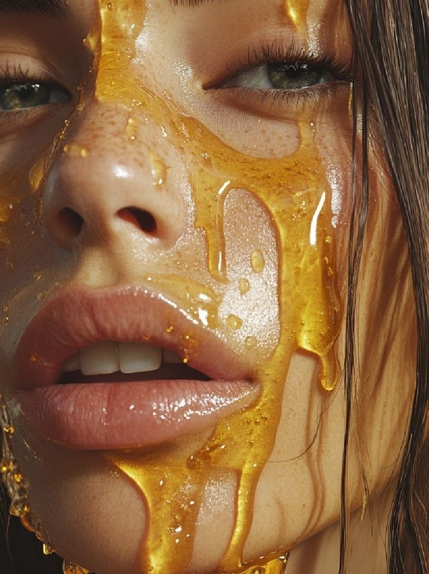 Русский промпт: A close-up photograph of a young woman with fair skin and long, dark brown hair. She has a serene expression, with her eyes looking directly at the viewer. Her lips are slightly parted, revealing a hint of her teeth. Her skin is glistening with honey, which is dripping down her face and onto her cheeks. The background is blurred, allowing the focus to remain on the woman's face and the honey. The lighting is soft and natural, highlighting her features. The overall mood is sensual and intimate. | Original prompt: A close-up photograph of a young woman with fair skin and long, dark brown hair. She has a serene expression, with her eyes looking directly at the viewer. Her lips are slightly parted, revealing a hint of her teeth. Her skin is glistening with honey, which is dripping down her face and onto her cheeks. The background is blurred, allowing the focus to remain on the woman's face and the honey. The lighting is soft and natural, highlighting her features. The overall mood is sensual and intimate.