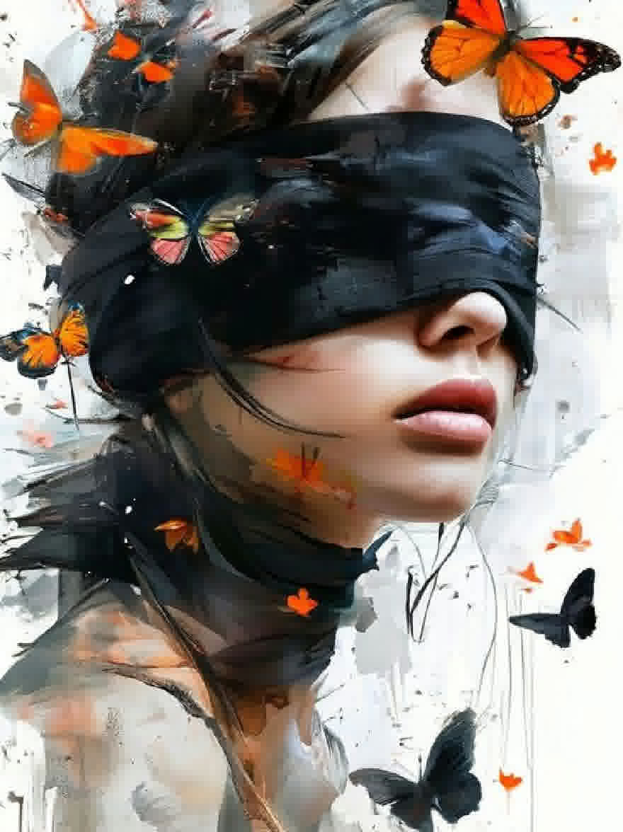 Русский промпт: Цифровая живопись женщины с повязкой на глазах, покрывающей глаза, окруженную оранжевыми бабочками. У нее темные волосы в булочке, и она носит черный шарф. Фон представляет собой смесь белого и серого, с брызгами апельсина и черного. Женщина имеет безмятежное выражение и расположена в центре изображения. Стиль сюрреалистичен и художественный, с акцентом на лицо женщины и бабочек. Изображение имеет мечтательное, эфирное качество. | Original prompt: A digital painting of a woman with a blindfold covering her eyes, surrounded by orange butterflies. She has dark hair styled in a bun and is wearing a black scarf. The background is a mix of white and gray, with splashes of orange and black. The woman has a serene expression and is positioned in the center of the image. The style is surreal and artistic, with a focus on the woman's face and the butterflies. The image has a dreamy, ethereal quality.