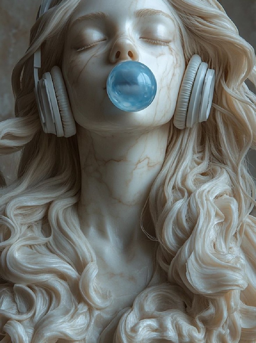 Русский промпт: A photograph of a woman with long, wavy, light blonde hair, wearing white headphones and a large, blue bubblegum in her mouth. She has a serene expression, with her eyes closed and a slight smile. The background is blurred, with a soft, muted color palette. The lighting is soft and natural, highlighting her delicate features and the texture of her hair. The image has a dreamy, ethereal quality to it. | Original prompt: A photograph of a woman with long, wavy, light blonde hair, wearing white headphones and a large, blue bubblegum in her mouth. She has a serene expression, with her eyes closed and a slight smile. The background is blurred, with a soft, muted color palette. The lighting is soft and natural, highlighting her delicate features and the texture of her hair. The image has a dreamy, ethereal quality to it.