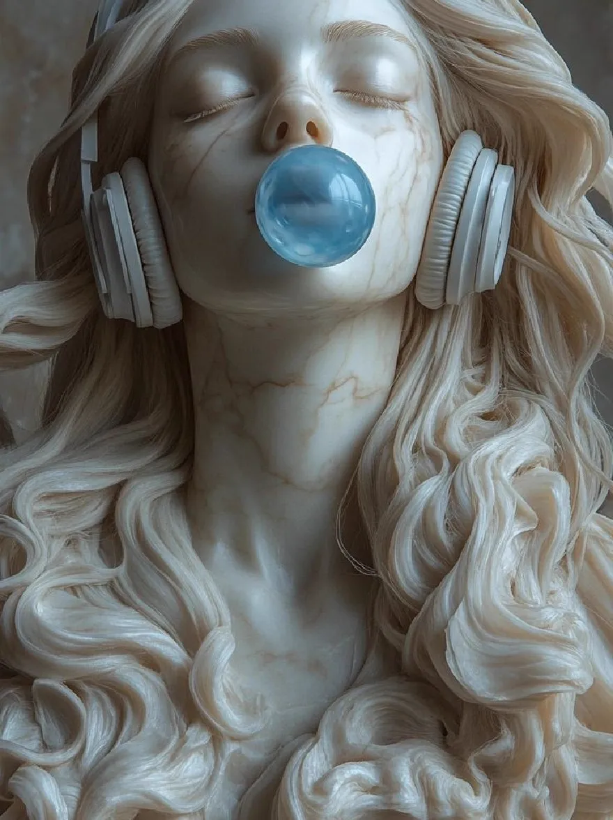 Русский промпт: A photograph of a woman with long, wavy, light blonde hair, wearing white headphones and a large, blue bubblegum in her mouth. She has a serene expression, with her eyes closed and a slight smile. The background is blurred, with a soft, muted color palette. The lighting is soft and natural, highlighting her delicate features and the texture of her hair. The image has a dreamy, ethereal quality to it. | Original prompt: A photograph of a woman with long, wavy, light blonde hair, wearing white headphones and a large, blue bubblegum in her mouth. She has a serene expression, with her eyes closed and a slight smile. The background is blurred, with a soft, muted color palette. The lighting is soft and natural, highlighting her delicate features and the texture of her hair. The image has a dreamy, ethereal quality to it.