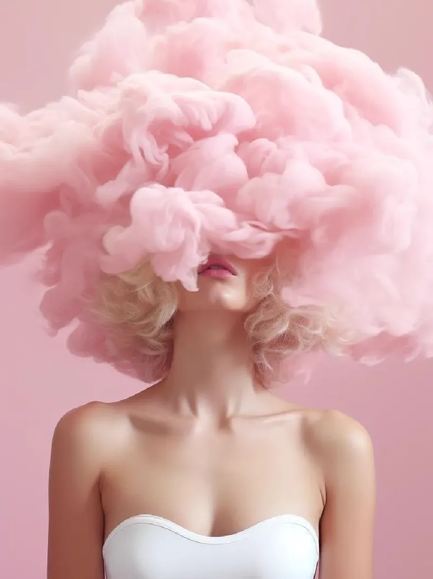Русский промпт: Photo of a woman with a large, fluffy pink cloud covering her face and head, standing in front of a plain pink background. She is wearing a strapless white bodysuit that accentuates her bare shoulders and medium-sized breasts. Her blonde hair is styled in loose curls and cascades down her back. She has a neutral expression and is looking directly at the camera. The lighting is soft and even, highlighting her delicate features and the texture of her hair. The overall aesthetic is surreal and dreamlike. | Original prompt: Photo of a woman with a large, fluffy pink cloud covering her face and head, standing in front of a plain pink background. She is wearing a strapless white bodysuit that accentuates her bare shoulders and medium-sized breasts. Her blonde hair is styled in loose curls and cascades down her back. She has a neutral expression and is looking directly at the camera. The lighting is soft and even, highlighting her delicate features and the texture of her hair. The overall aesthetic is surreal and dreamlike.