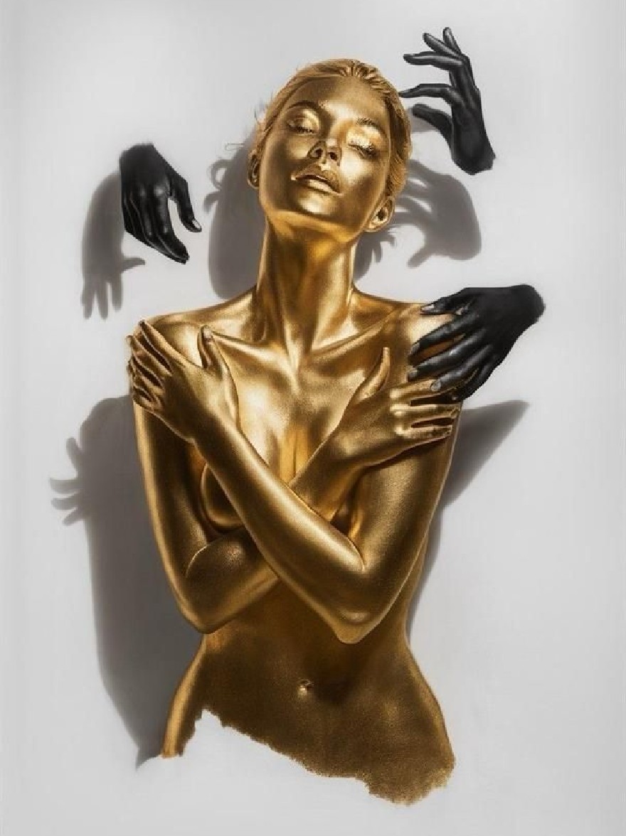 Русский промпт: Photo of a woman with golden skin, lying on her back with her eyes closed, hands clasped together in front of her chest. She has short blonde hair and is wearing minimal clothing. The lighting is dramatic, casting shadows on her body. The background is plain white. The woman has a slender physique and fair skin. The image has a minimalist aesthetic with a focus on the woman's body and the texture of her skin. | Original prompt: Photo of a woman with golden skin, lying on her back with her eyes closed, hands clasped together in front of her chest. She has short blonde hair and is wearing minimal clothing. The lighting is dramatic, casting shadows on her body. The background is plain white. The woman has a slender physique and fair skin. The image has a minimalist aesthetic with a focus on the woman's body and the texture of her skin.