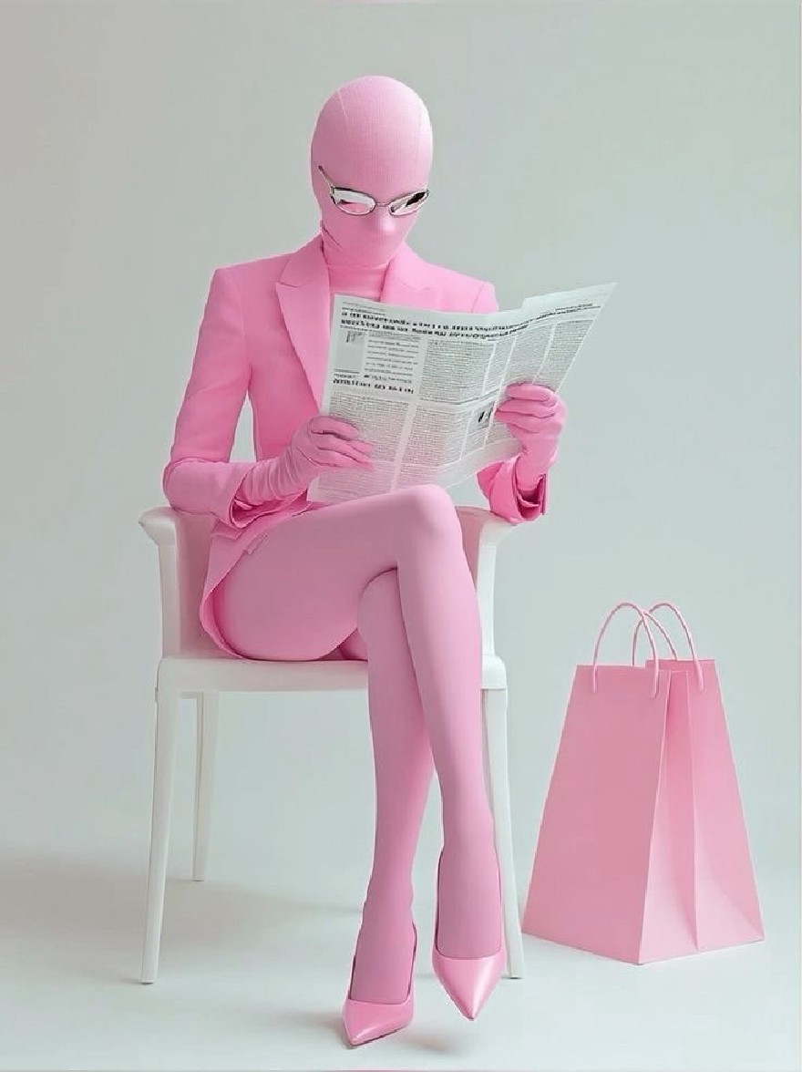 Русский промпт: A person in a pink suit sitting on a white plastic chair, reading a newspaper. The person is wearing a tight, stretchy pink bodysuit, matching gloves, and high heels. The background is a plain, light grey, and there is a pink shopping bag on the right side of the image. The image is a high-quality, 3D rendering with a smooth, glossy finish. The overall aesthetic is minimalistic and modern. | Original prompt: A person in a pink suit sitting on a white plastic chair, reading a newspaper. The person is wearing a tight, stretchy pink bodysuit, matching gloves, and high heels. The background is a plain, light grey, and there is a pink shopping bag on the right side of the image. The image is a high-quality, 3D rendering with a smooth, glossy finish. The overall aesthetic is minimalistic and modern.